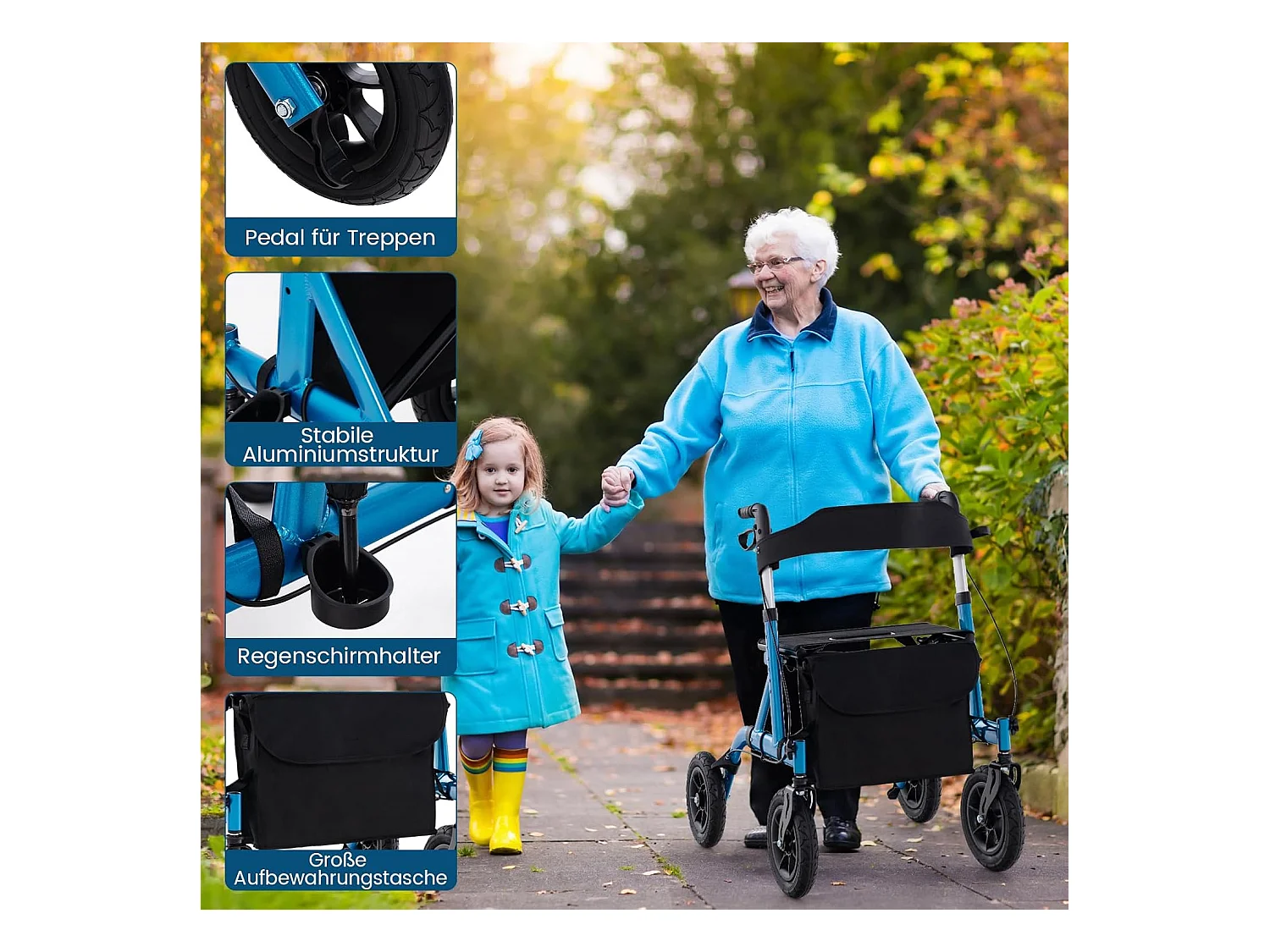 Rollator met luchtbanden,opvouwbaar en licht,aluminium,2-in-1 rolstoel & reisrollator,6-voudig in hoogte verstelbaar,loopwagen met tas en stokhouderVT32243