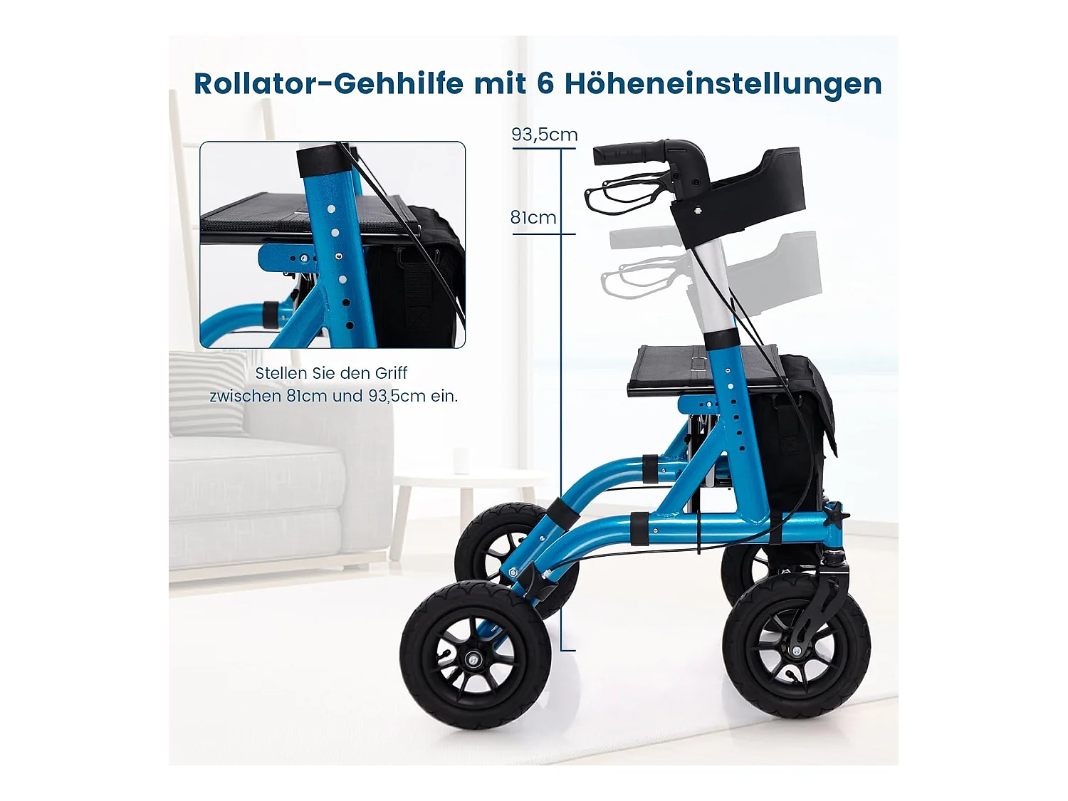 Rollator met luchtbanden,opvouwbaar en licht,aluminium,2-in-1 rolstoel & reisrollator,6-voudig in hoogte verstelbaar,loopwagen met tas en stokhouderVT32243