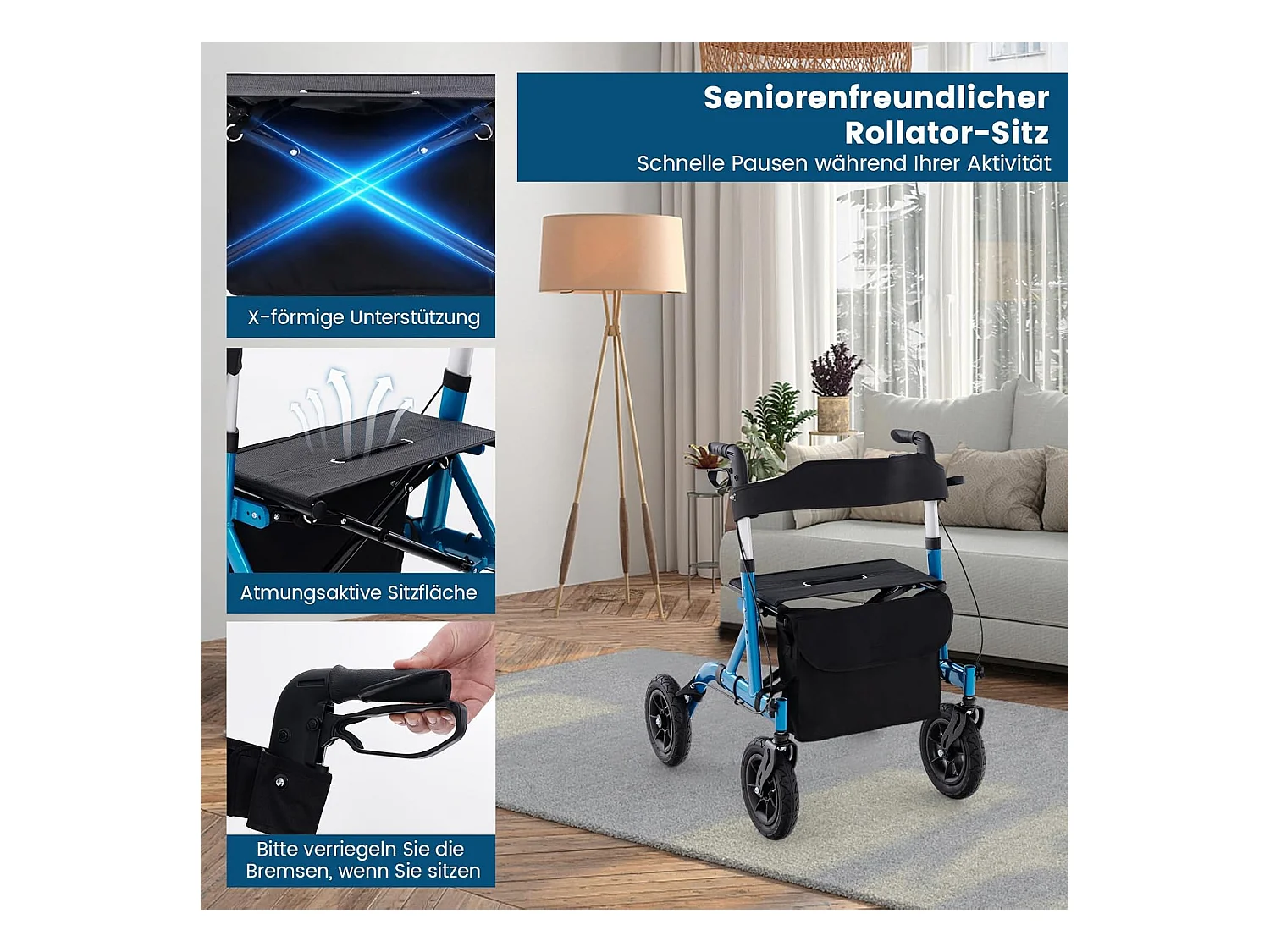 Rollator met luchtbanden,opvouwbaar en licht,aluminium,2-in-1 rolstoel & reisrollator,6-voudig in hoogte verstelbaar,loopwagen met tas en stokhouderVT32243