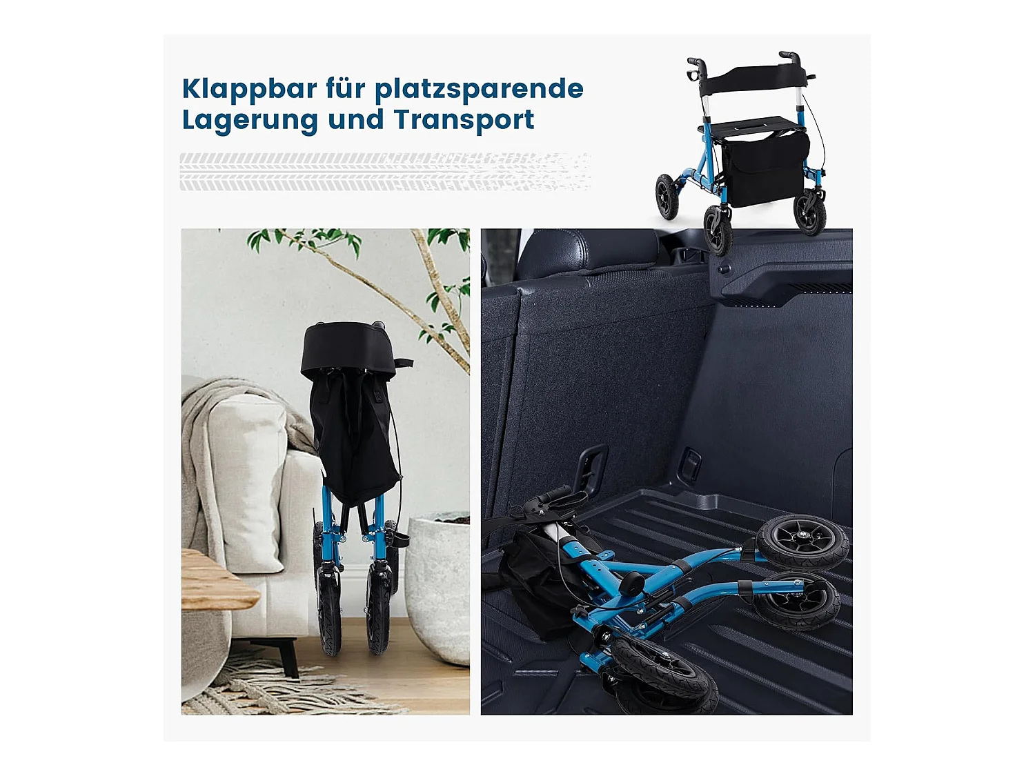 Rollator met luchtbanden,opvouwbaar en licht,aluminium,2-in-1 rolstoel & reisrollator,6-voudig in hoogte verstelbaar,loopwagen met tas en stokhouderVT32243