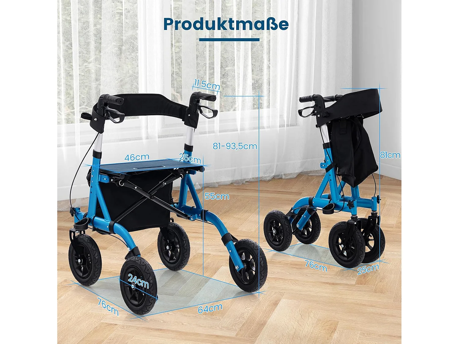 Rollator met luchtbanden,opvouwbaar en licht,aluminium,2-in-1 rolstoel & reisrollator,6-voudig in hoogte verstelbaar,loopwagen met tas en stokhouderVT32243