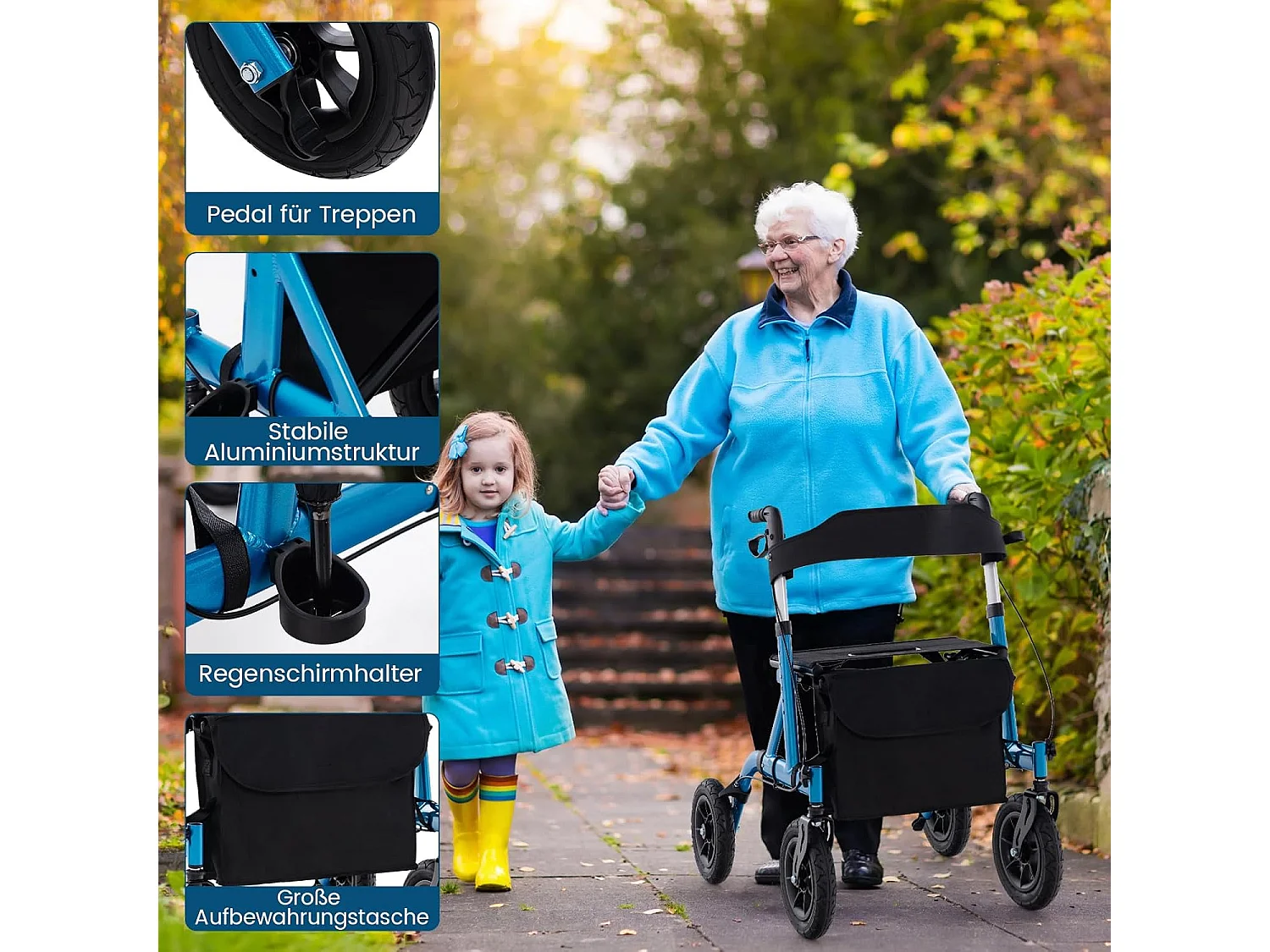 Rollator met luchtbanden,opvouwbaar en licht,aluminium,2-in-1 rolstoel & reisrollator,6-voudig in hoogte verstelbaar,loopwagen met tas en stokhouderVT32243
