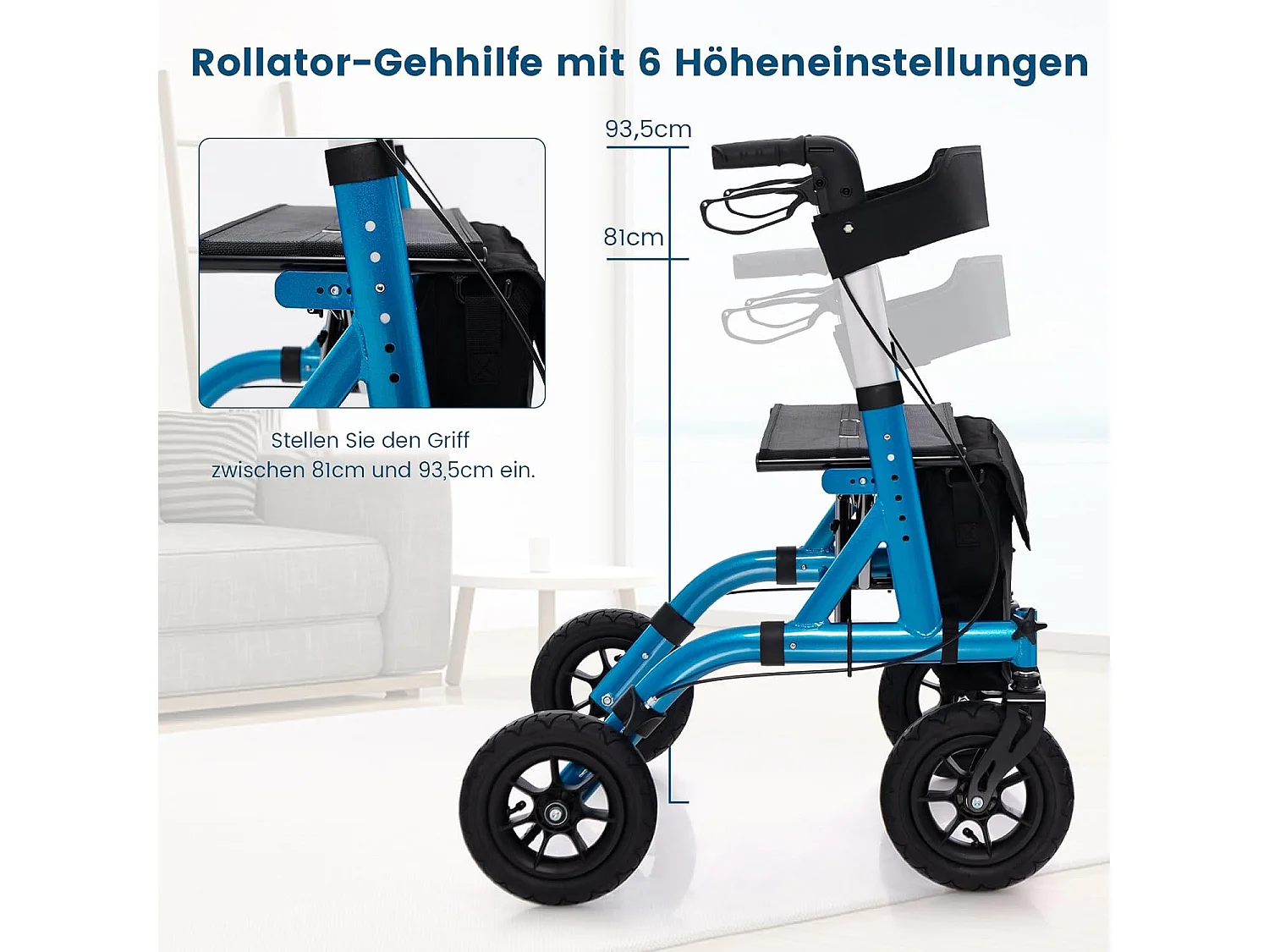 Rollator met luchtbanden,opvouwbaar en licht,aluminium,2-in-1 rolstoel & reisrollator,6-voudig in hoogte verstelbaar,loopwagen met tas en stokhouderVT32243
