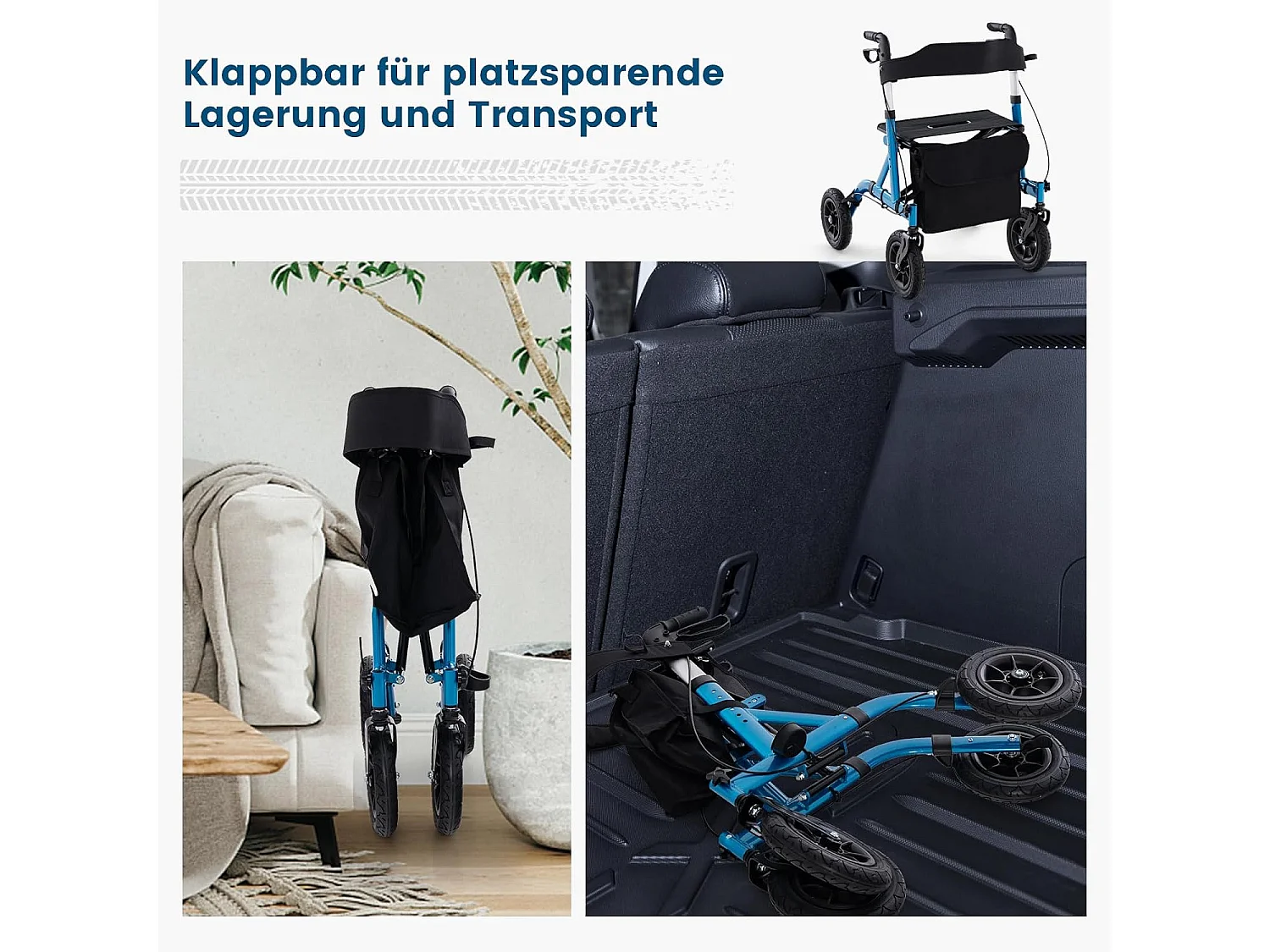 Rollator met luchtbanden,opvouwbaar en licht,aluminium,2-in-1 rolstoel & reisrollator,6-voudig in hoogte verstelbaar,loopwagen met tas en stokhouderVT32243