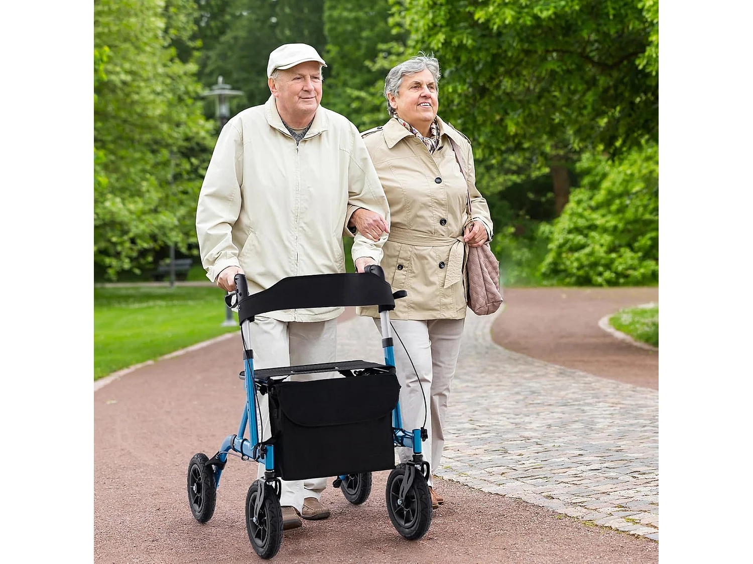 Rollator met luchtbanden,opvouwbaar en licht,aluminium,2-in-1 rolstoel & reisrollator,6-voudig in hoogte verstelbaar,loopwagen met tas en stokhouderVT32243