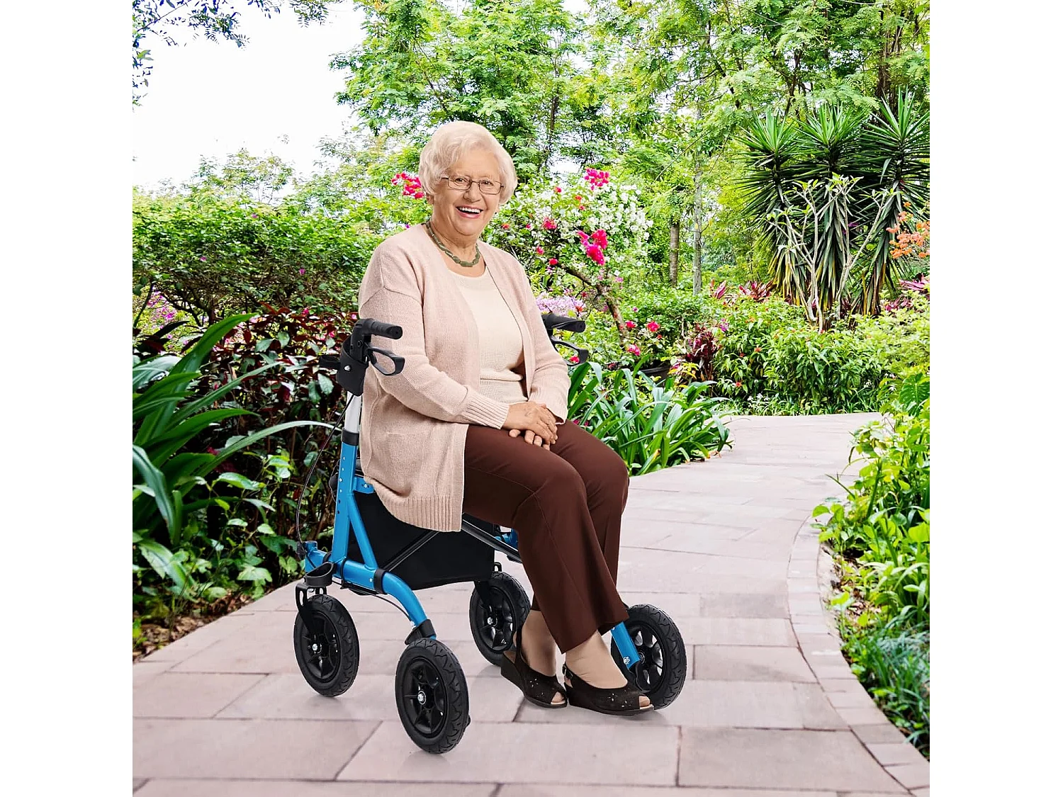 Rollator met luchtbanden,opvouwbaar en licht,aluminium,2-in-1 rolstoel & reisrollator,6-voudig in hoogte verstelbaar,loopwagen met tas en stokhouderVT32243