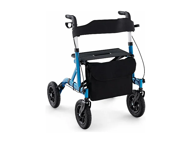 Rollator met luchtbanden,opvouwbaar en licht,aluminium,2-in-1 rolstoel & reisrollator,6-voudig in hoogte verstelbaar,loopwagen met tas en stokhouderVT32243