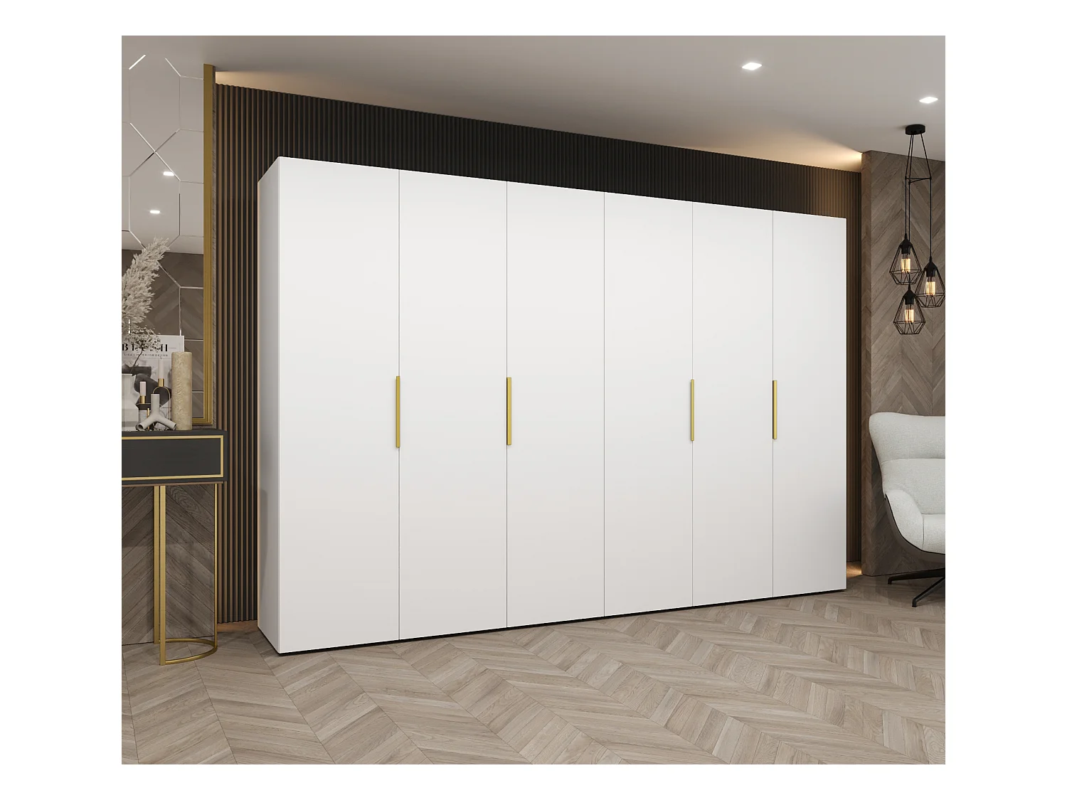 Drehtürenschrank Marbella 1 202/300/52 6-türig (Weiß|Gold)