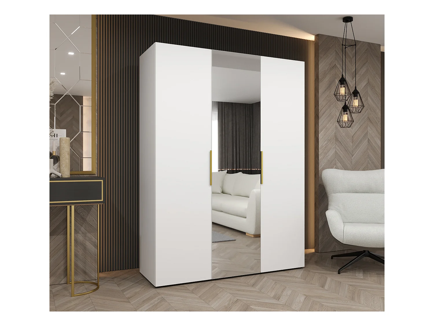 Armoire à portes battantes Marbella 2 202/150/52 3 portes (blanc/doré)