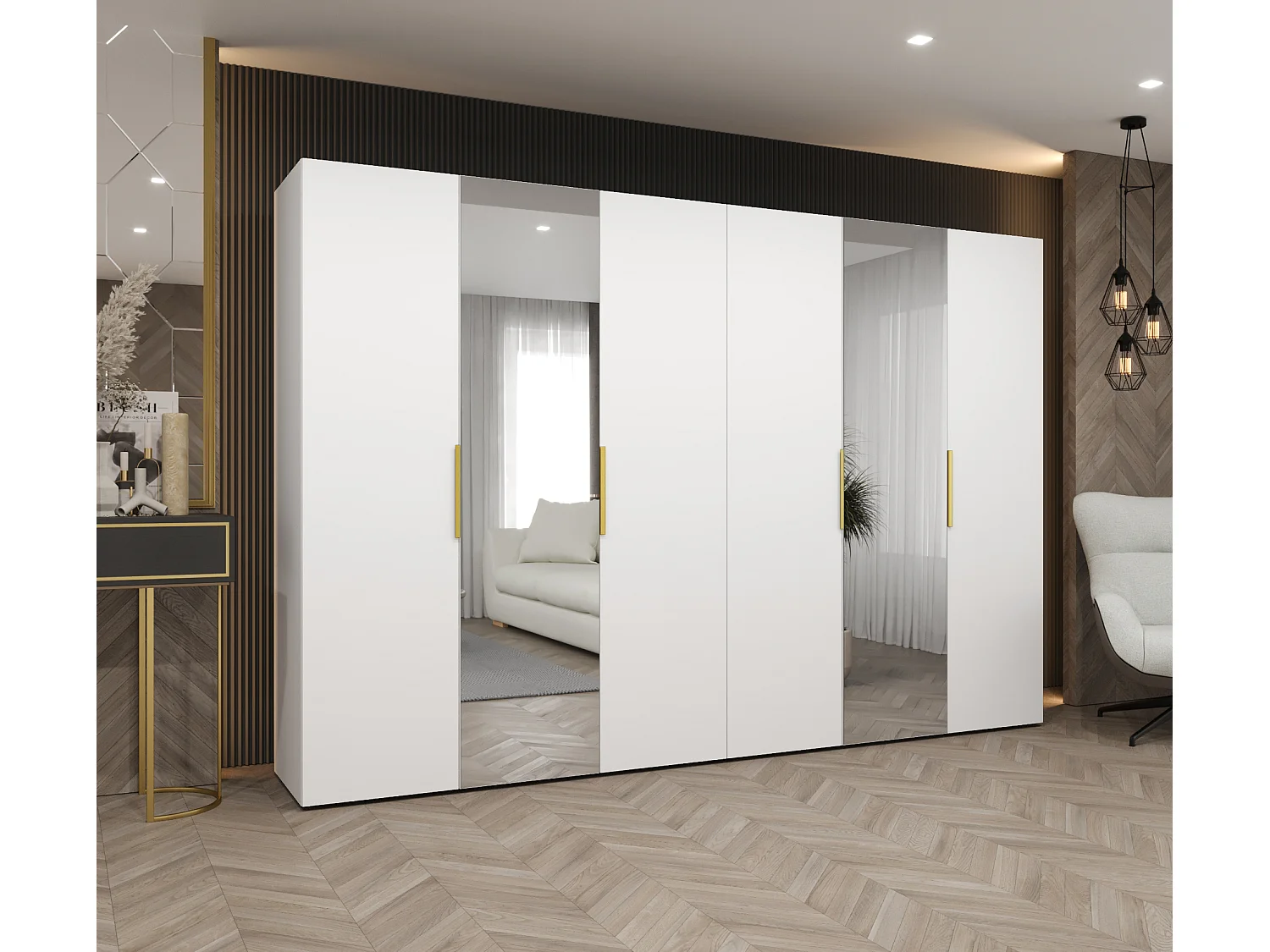 Armoire à portes battantes Marbella 2 202/300/52 6 portes (blanc/doré)