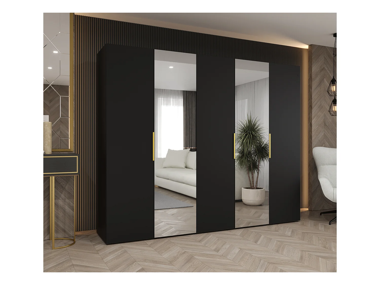 Armario Marbella 2 con puertas batientes  202/250/52 5 puertas (negro/dorado)