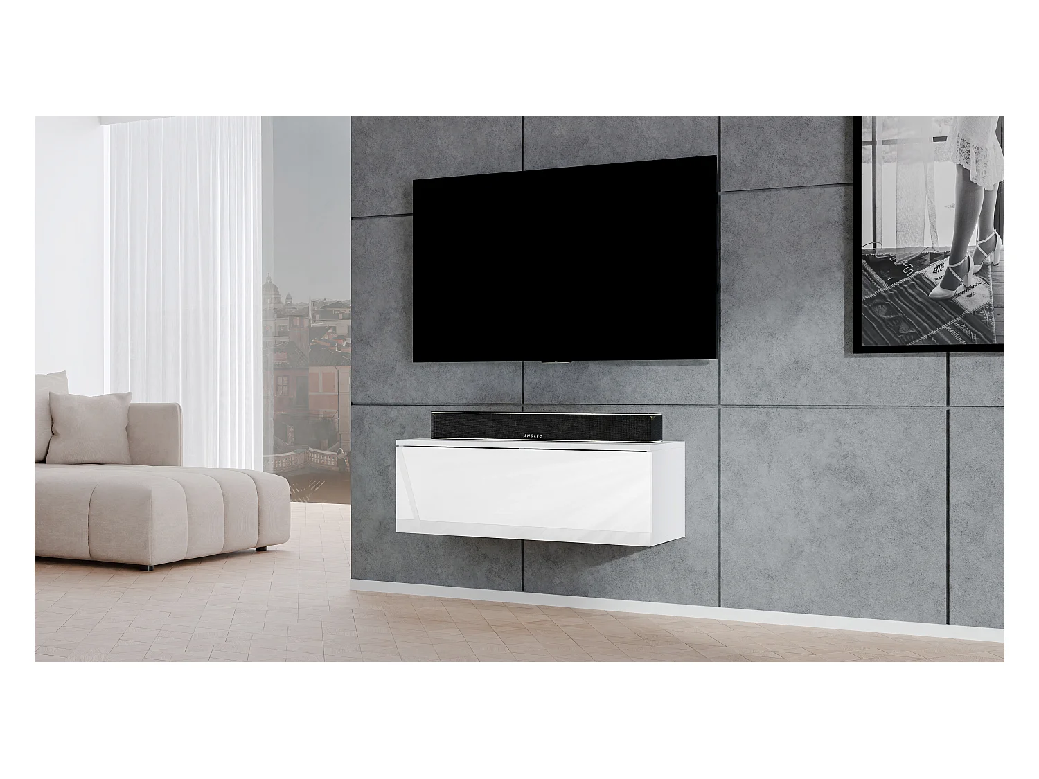 AX LIVING TV suspendu meuble a tele Loriano 100 cm blanc mat/brillant