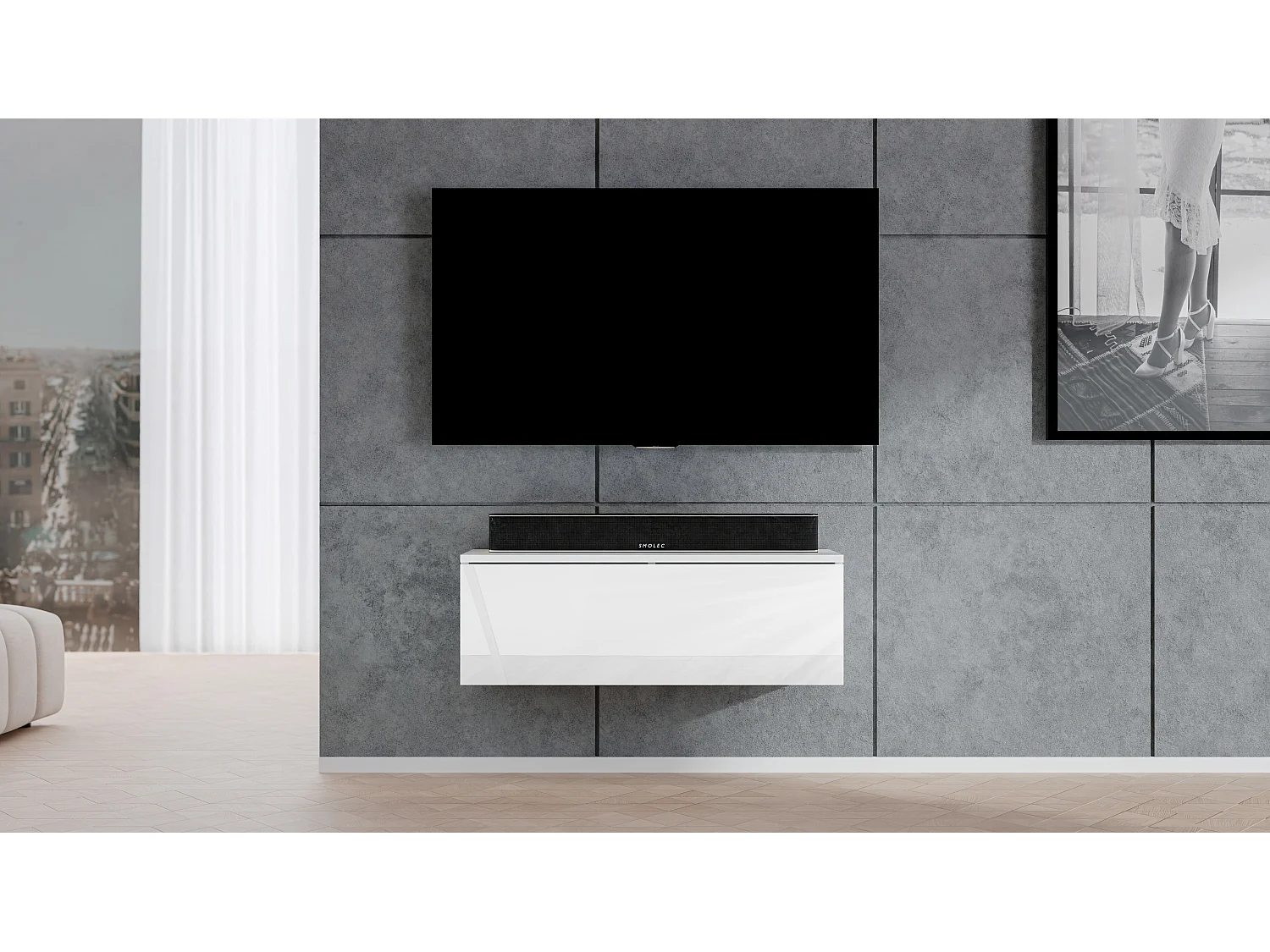 AX LIVING Meuble TV suspendu Loriano 100 cm blanc mat/brillant