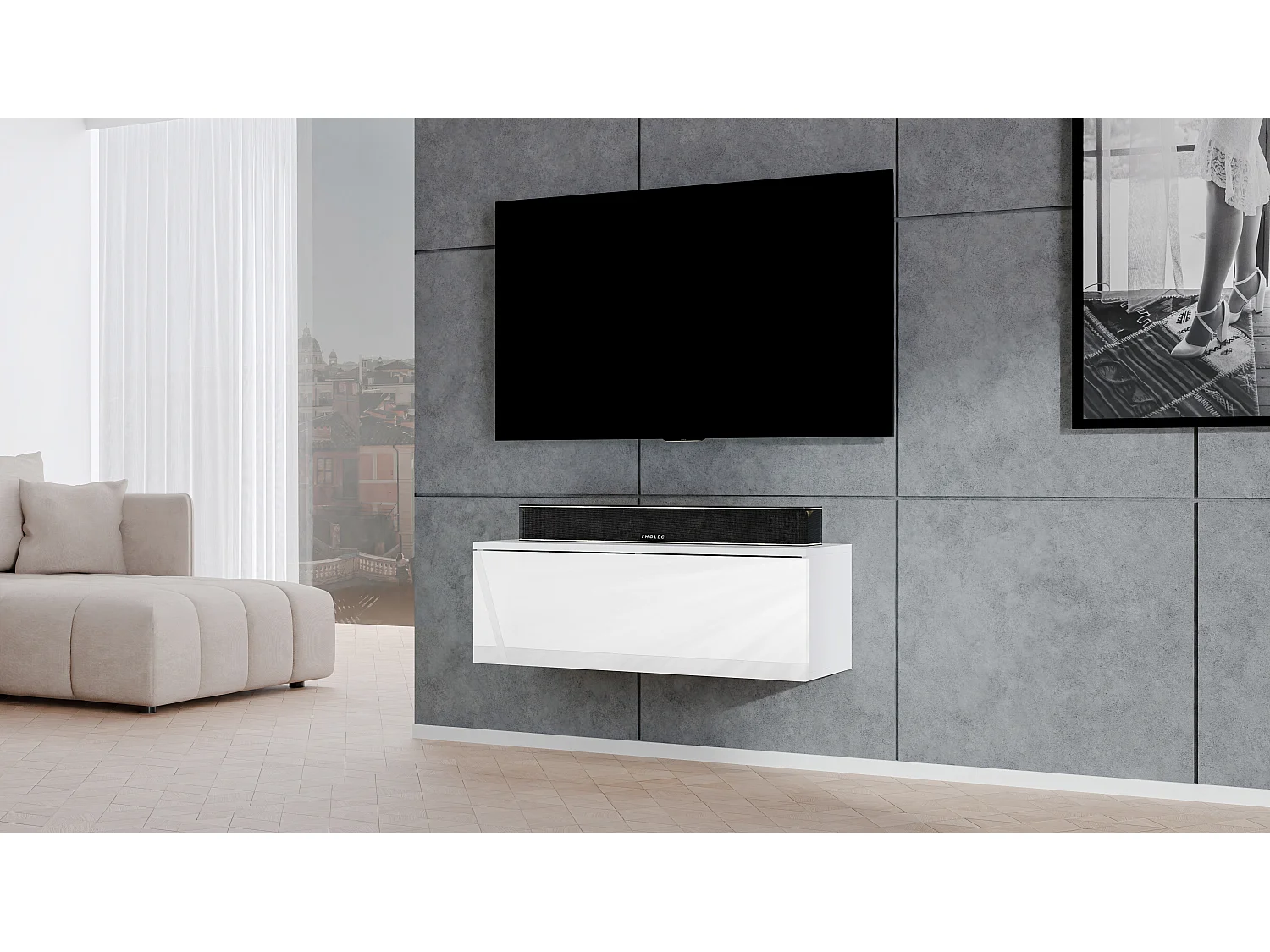 AX LIVING Meuble TV suspendu Loriano 100 cm blanc mat/brillant