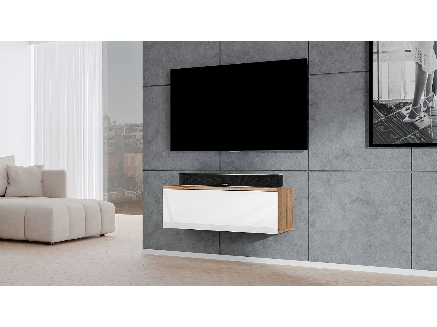 AX LIVING TV Lowboard Loriano 100cm breit Eiche Wotan / weiß Hochglanz