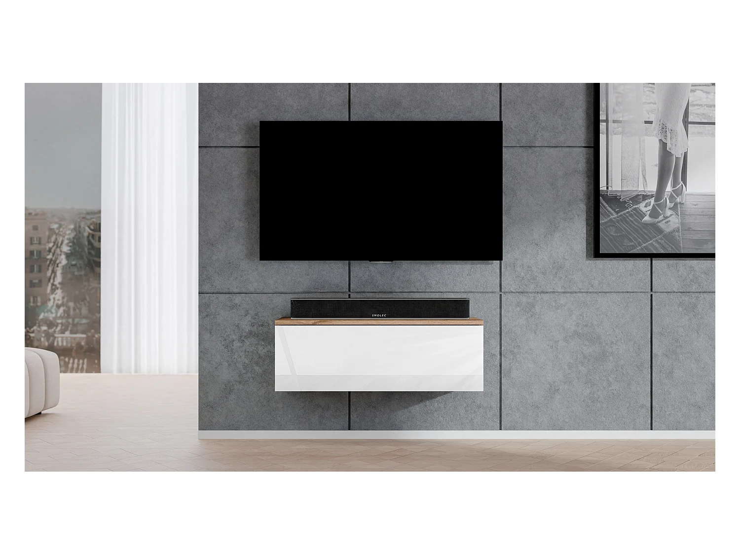 AX LIVING TV Lowboard Loriano 100cm breit Eiche Wotan / weiß Hochglanz