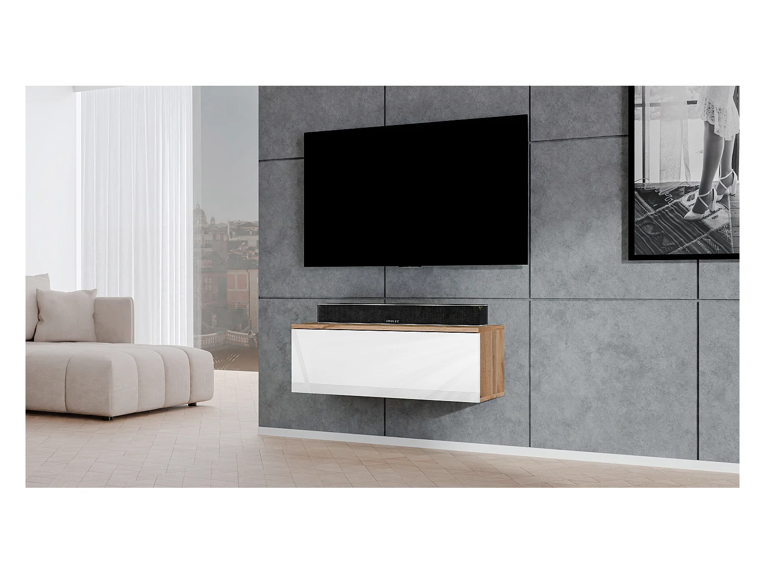 AX LIVING Meuble TV Loriano 100cm de large chene wotan/blanc brillant