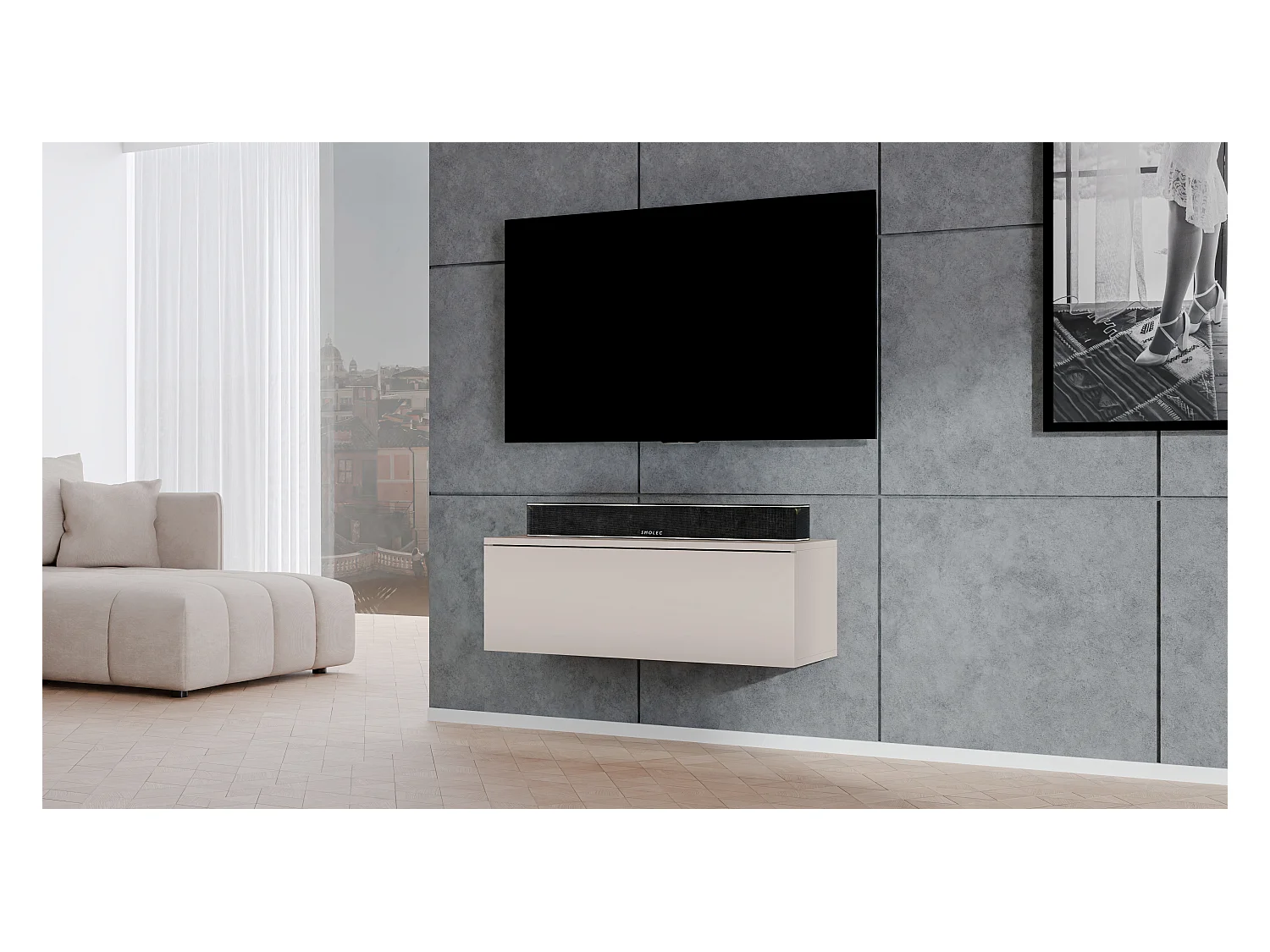 AX LIVING Meuble TV suspendu moderne Loriano 100 cm beige cachemire