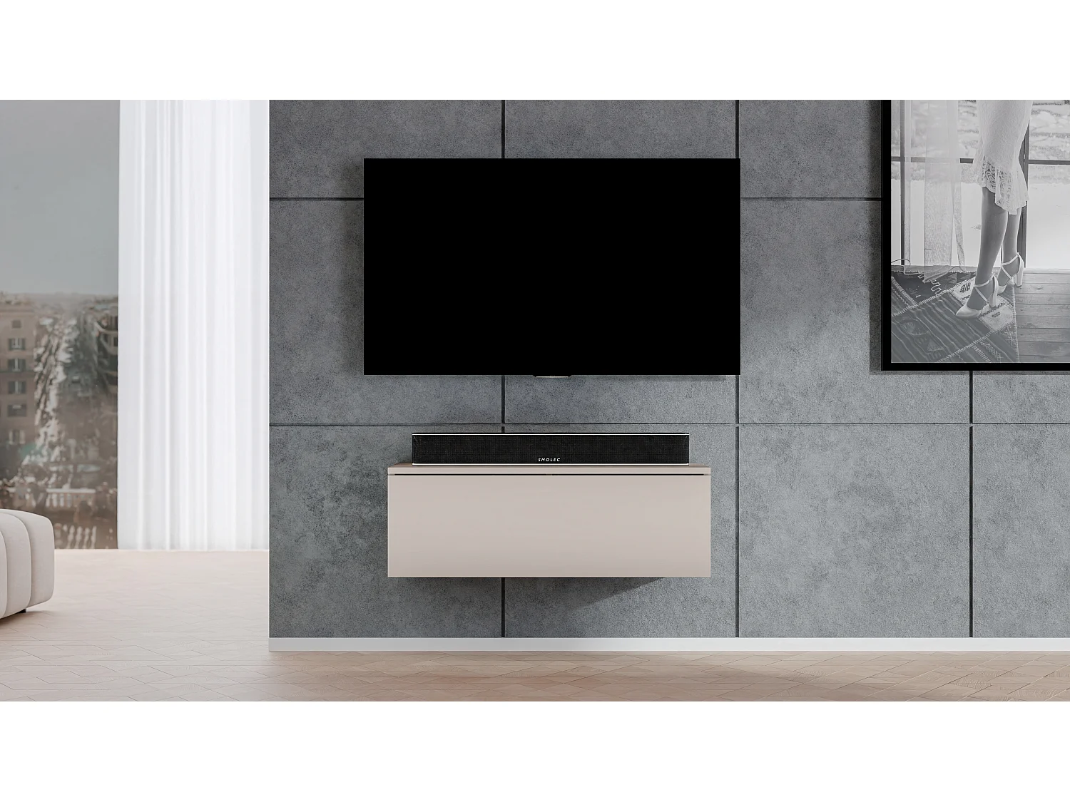 AX LIVING Meuble TV suspendu moderne Loriano 100 cm beige cachemire