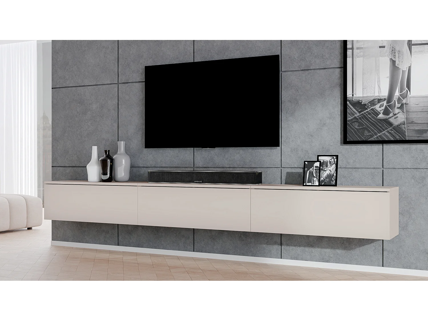 AX LIVING hängendes TV Board beige Loriano TV Bank 3x100 cm Kaschmir