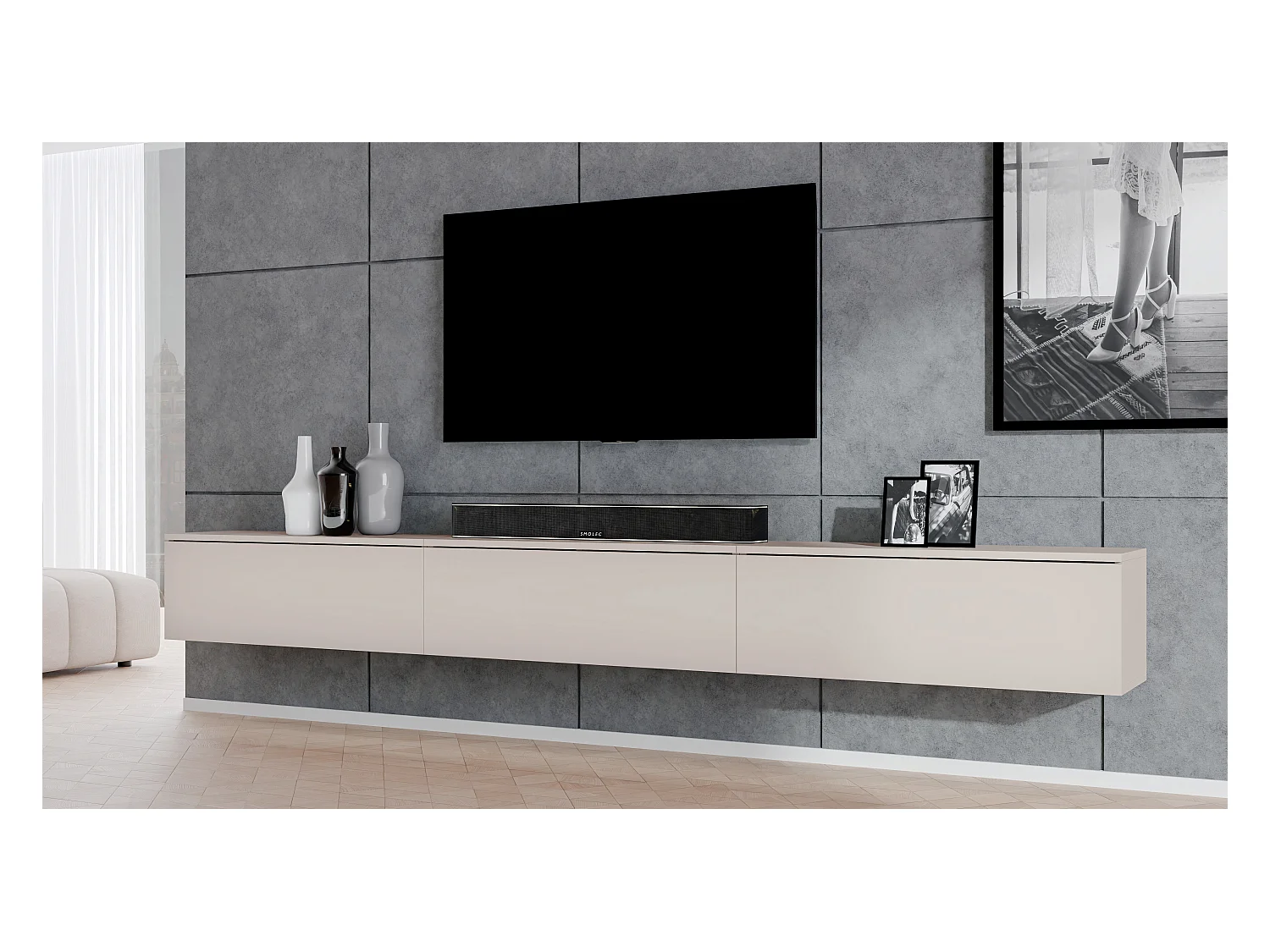 AX LIVING Meuble tv suspendu Loriano beige banc TV 3x100 cm cachemire