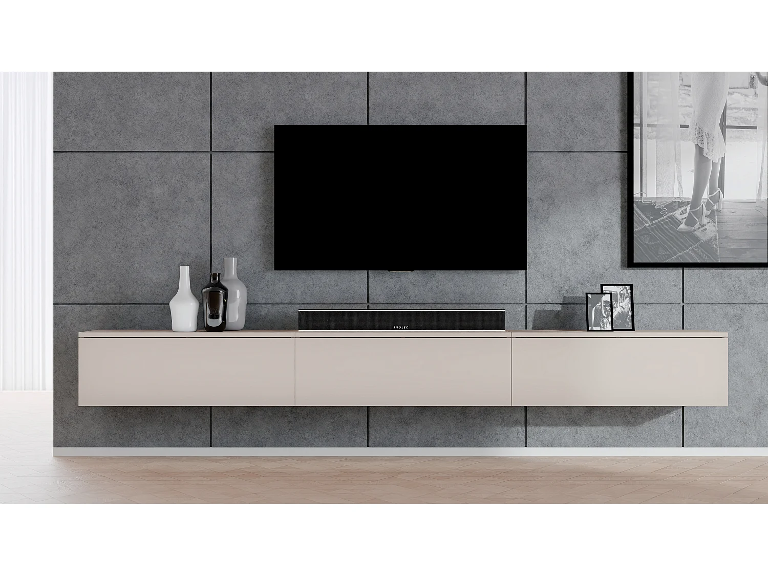 AX LIVING Meuble tv suspendu Loriano beige banc TV 3x100 cm cachemire