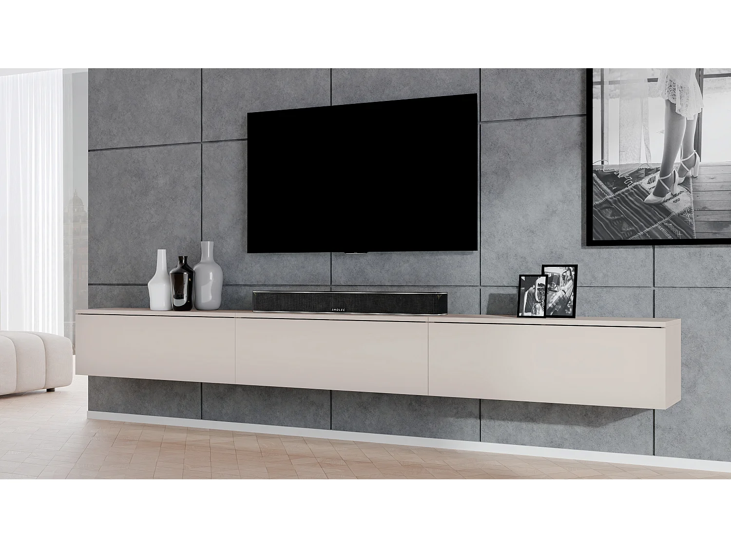 AX LIVING Meuble TV suspendu Loriano 3x100 cm beige cachemire