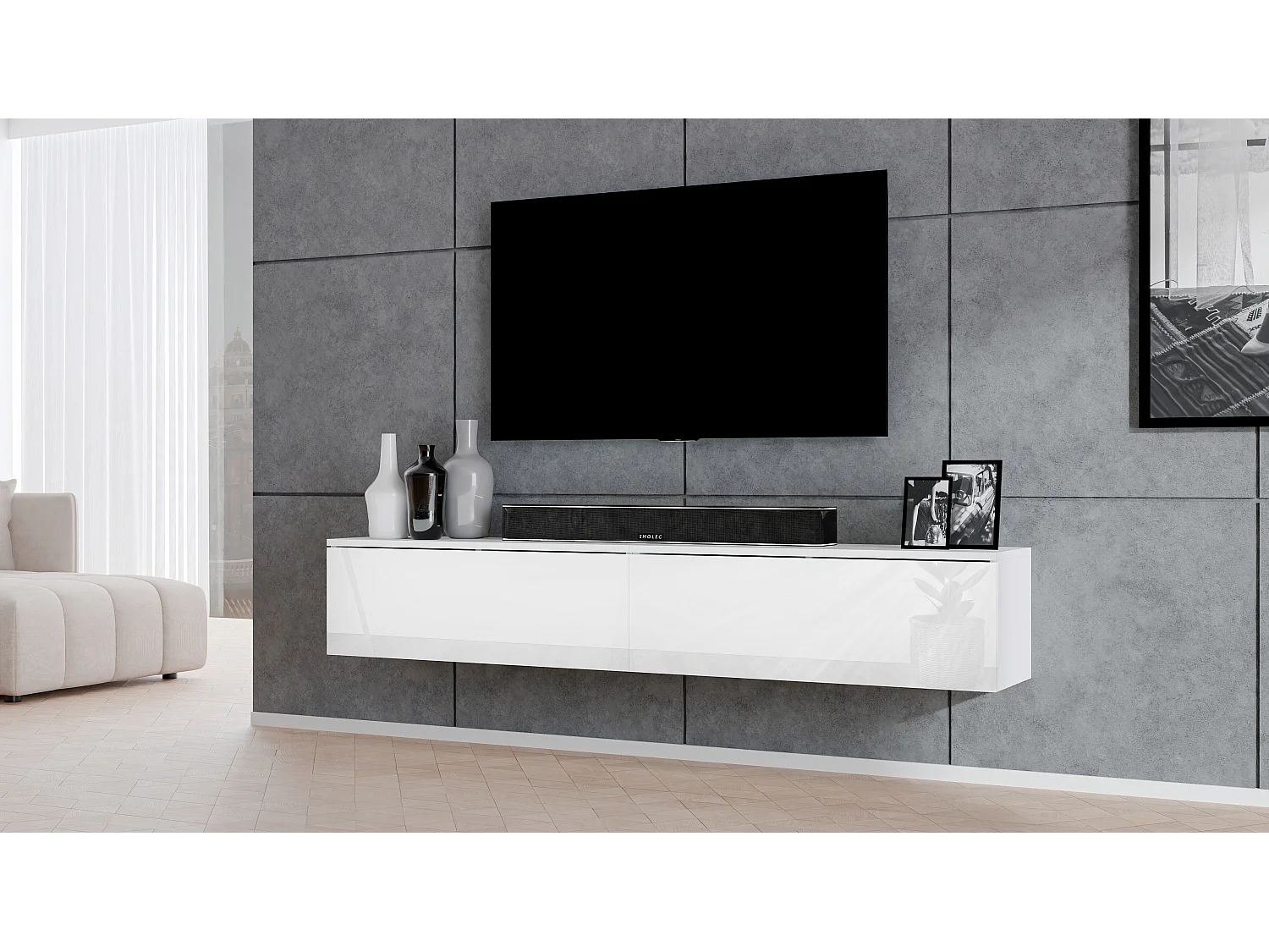 AX LIVING Meuble TV Loriano 2x100 cm blanc mat/brillant
