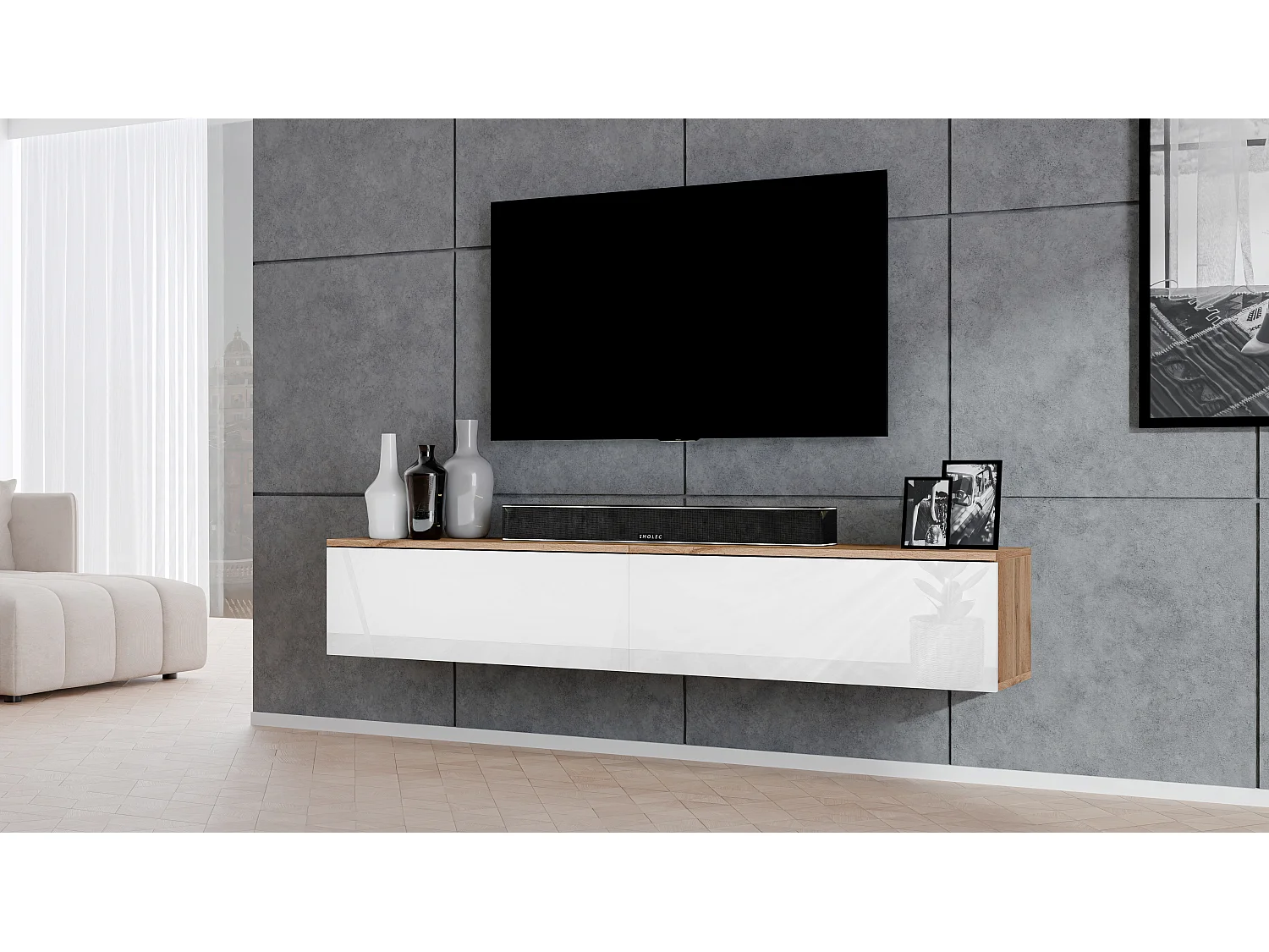 AX LIVING TV Bank Loriano 2x100cm Lowboard Eiche Wotan/weiß Hochglanz