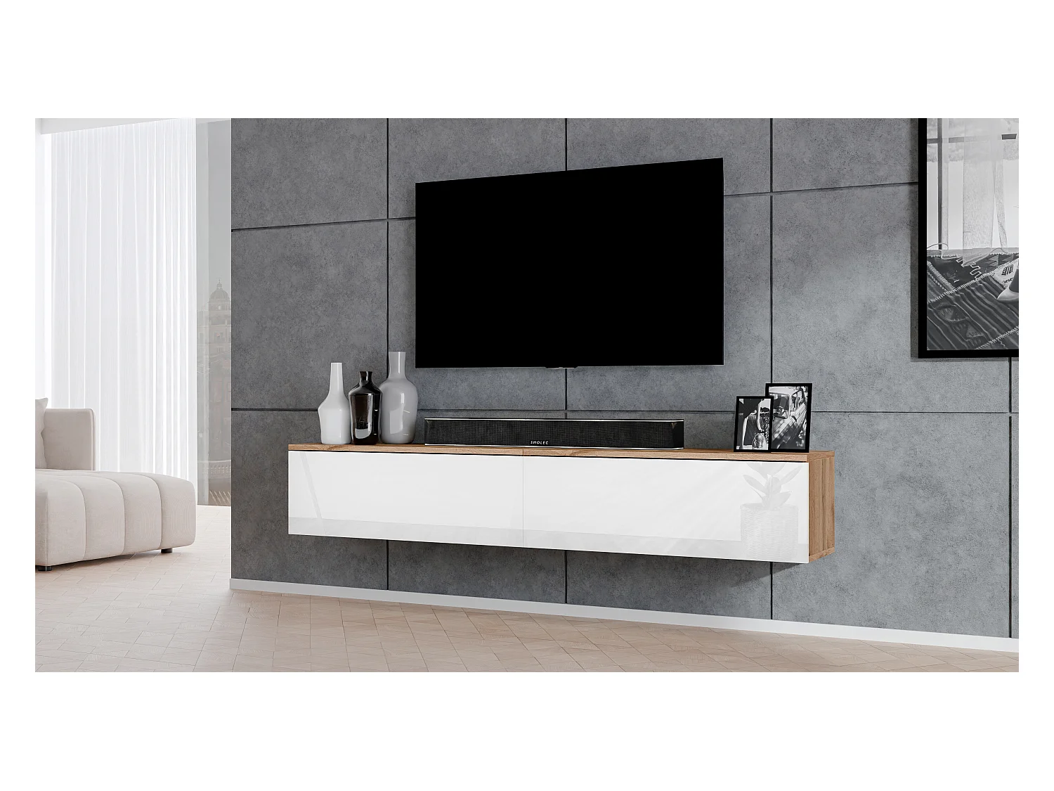 AX LIVING Banc TV Loriano 2x100 cm chene wotan/blanc brillant