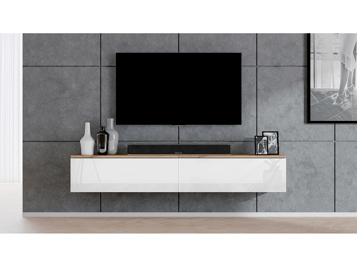 AX LIVING Meuble TV Loriano 2x100 cm chêne Wotan/blanc brillant