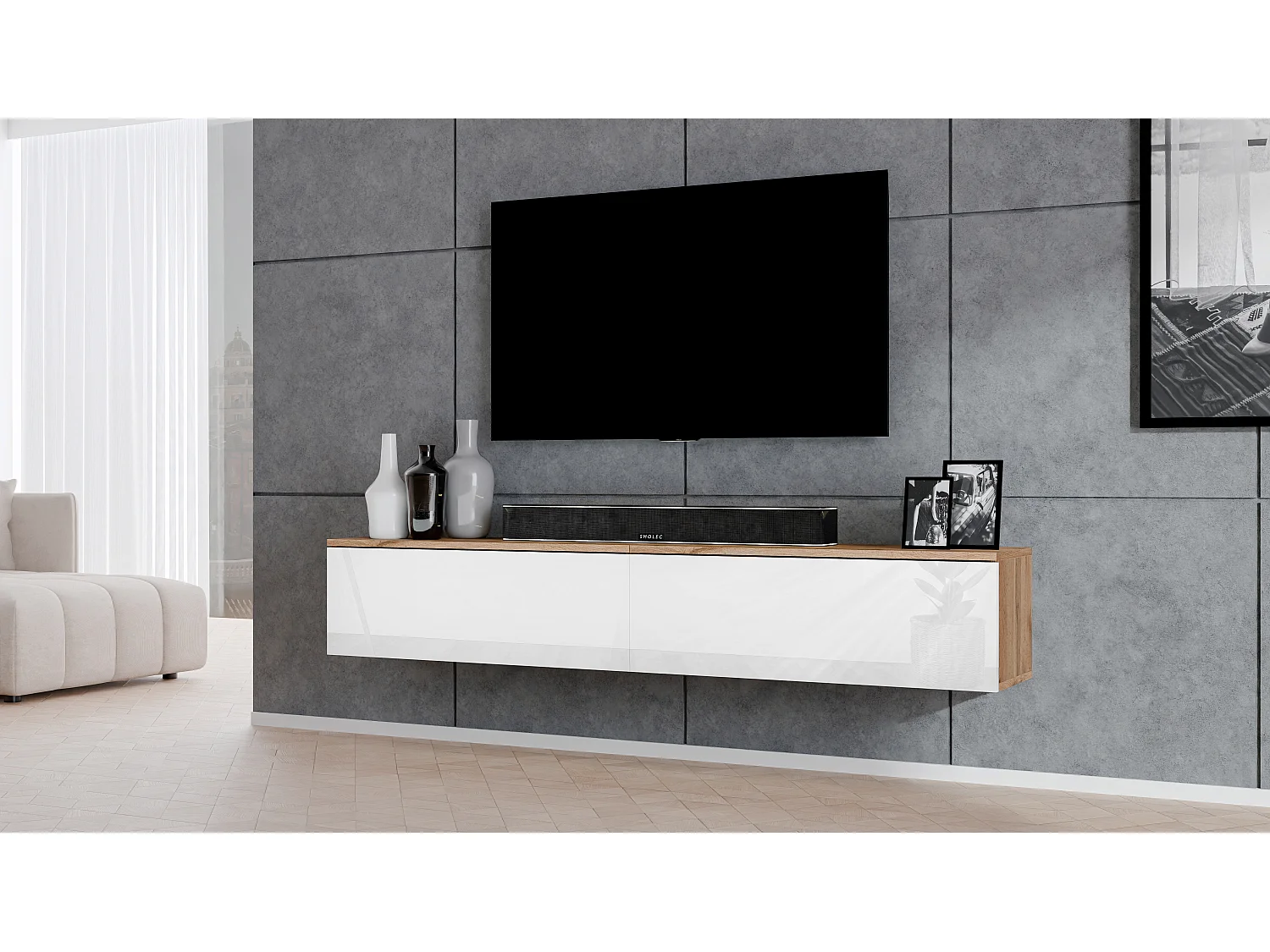 AX LIVING Meuble TV Loriano 2x100 cm chêne Wotan/blanc brillant