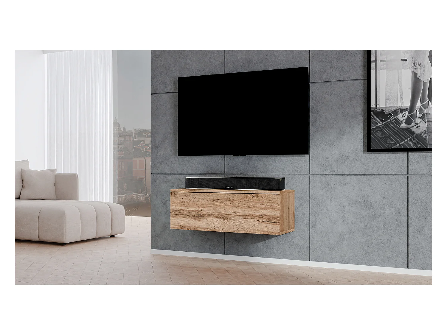 AX LIVING TV suspendu meuble a tele Loriano 100cm banc TV chene wotan