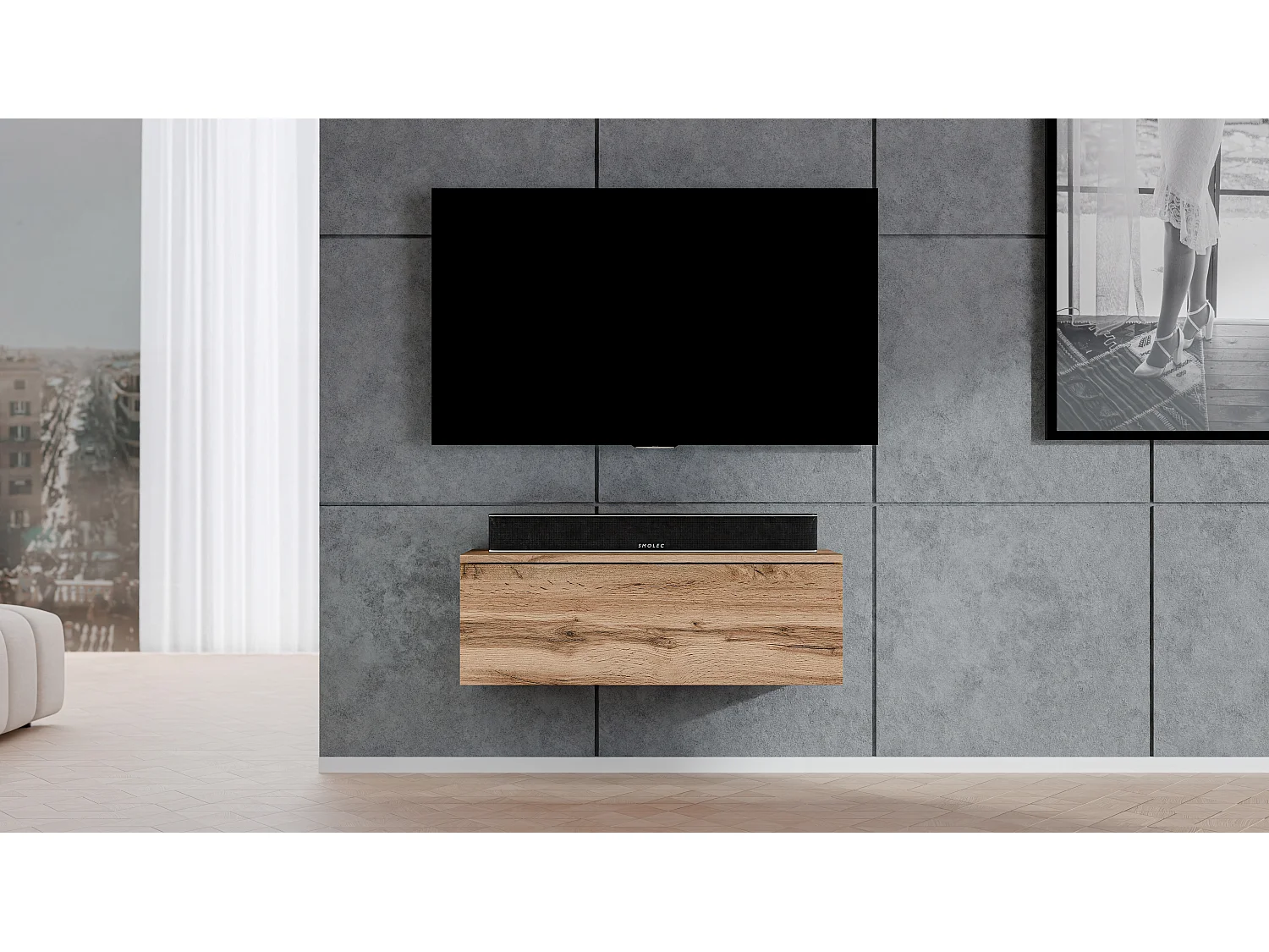 AX LIVING TV suspendu meuble a tele Loriano 100cm banc TV chene wotan