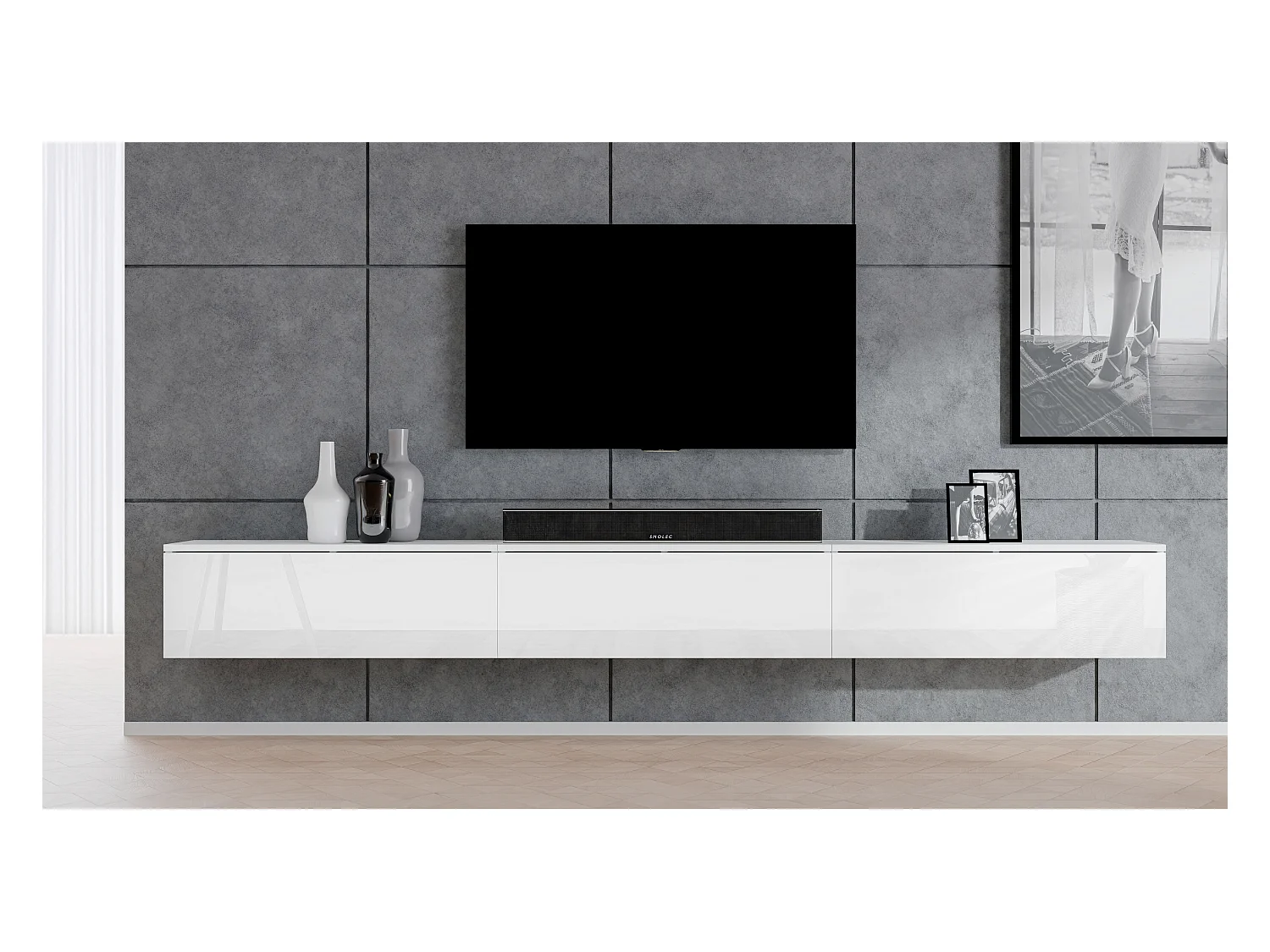 AX LIVING TV Bank weiß Loriano weißes TV Board 3x100 cm Matt/Hochglanz
