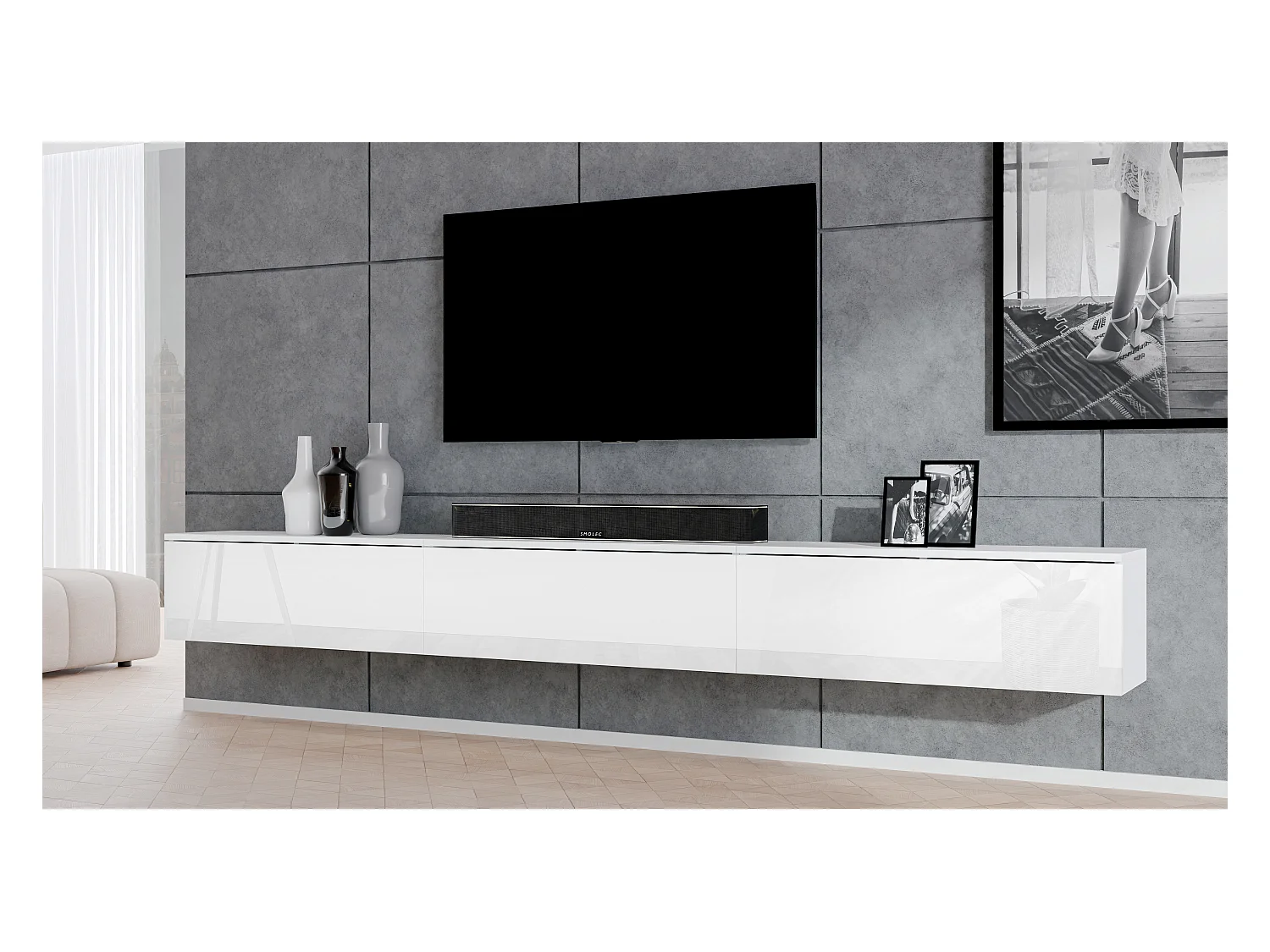 AX LIVING Banc TV blanc Loriano meuble télévision 3x100 mat/brillant