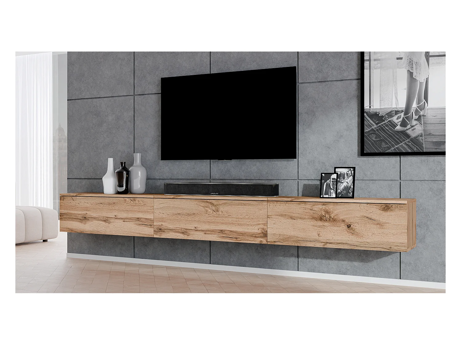 AX LIVING Meuble TV suspendu Loriano banc TV chene wotan 3x100 cm