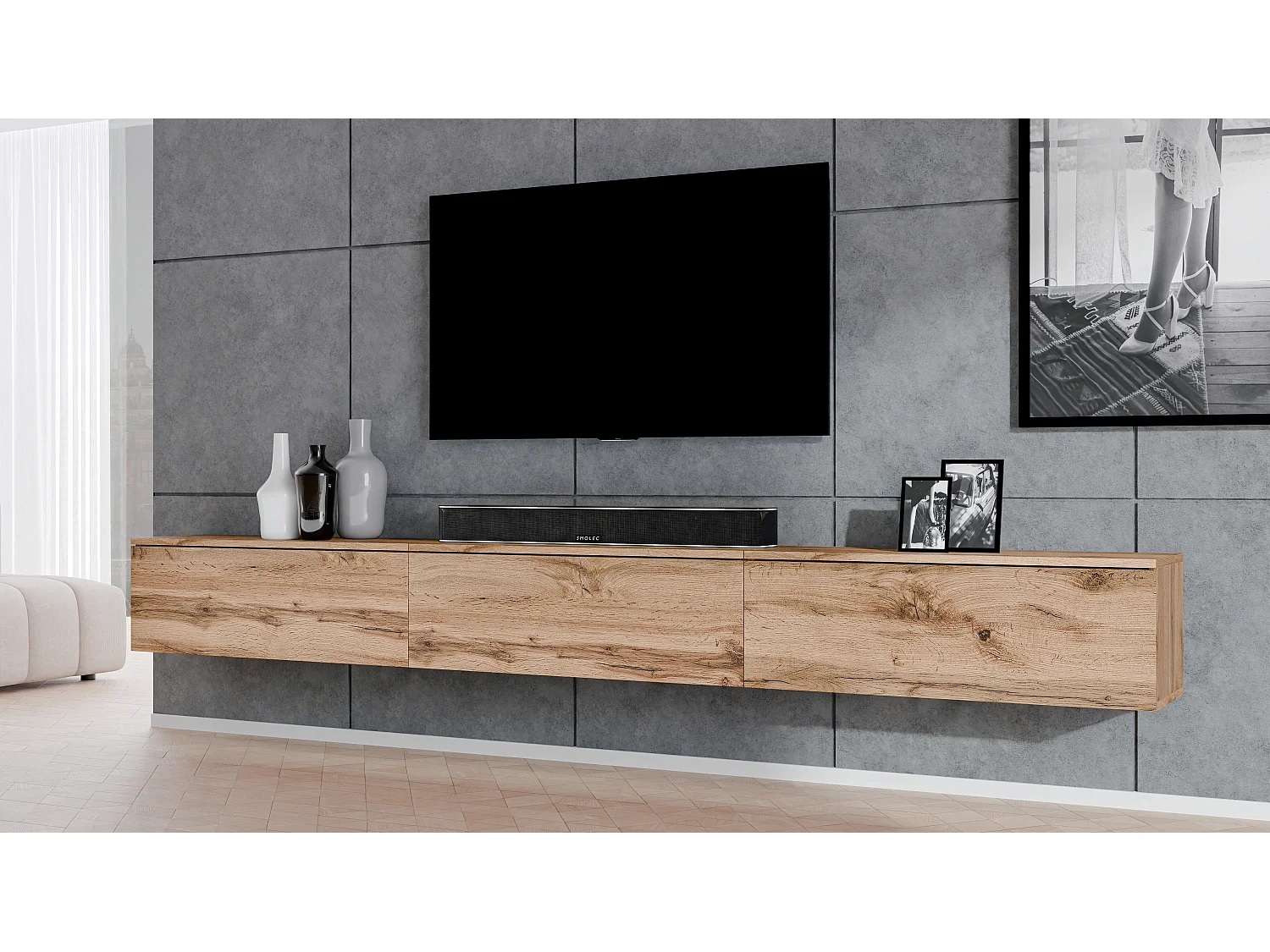 AX LIVING Meuble TV suspendu Loriano banc TV chene wotan 3x100 cm