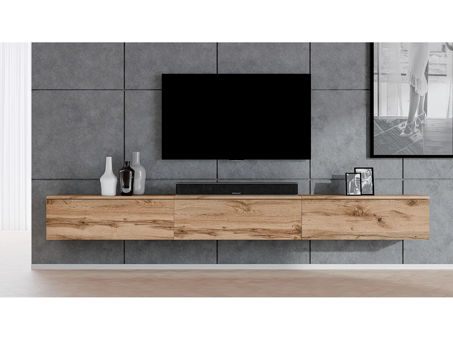 AX LIVING Meuble TV suspendu Loriano banc TV chene wotan 3x100 cm