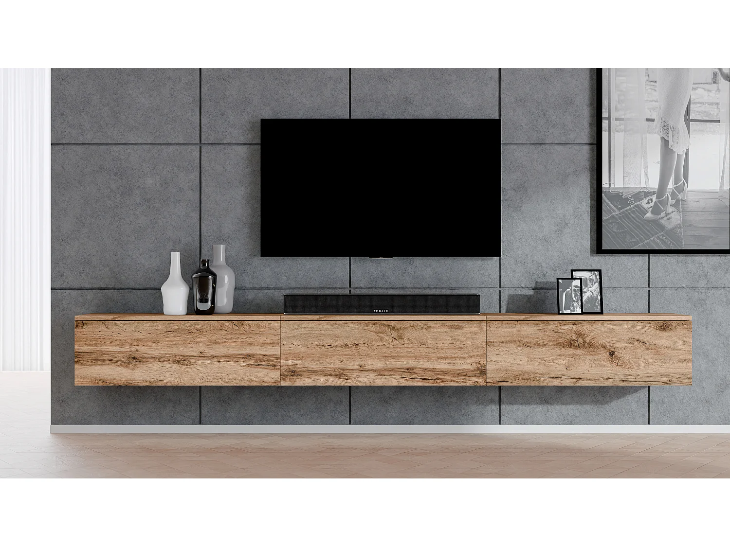 AX LIVING Meuble TV suspendu Loriano 3x100 cm chêne Wotan