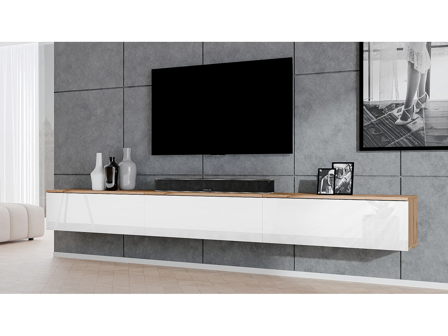 AX LIVING Lowboard 3x100cm Loriano TV Board Eiche Wotan/weiß Hochglanz