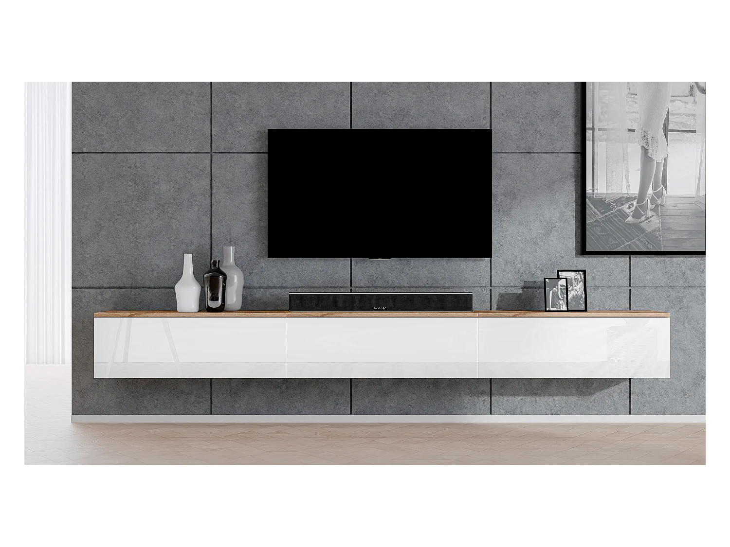 AX LIVING Lowboard 3x100cm Loriano TV Board Eiche Wotan/weiß Hochglanz