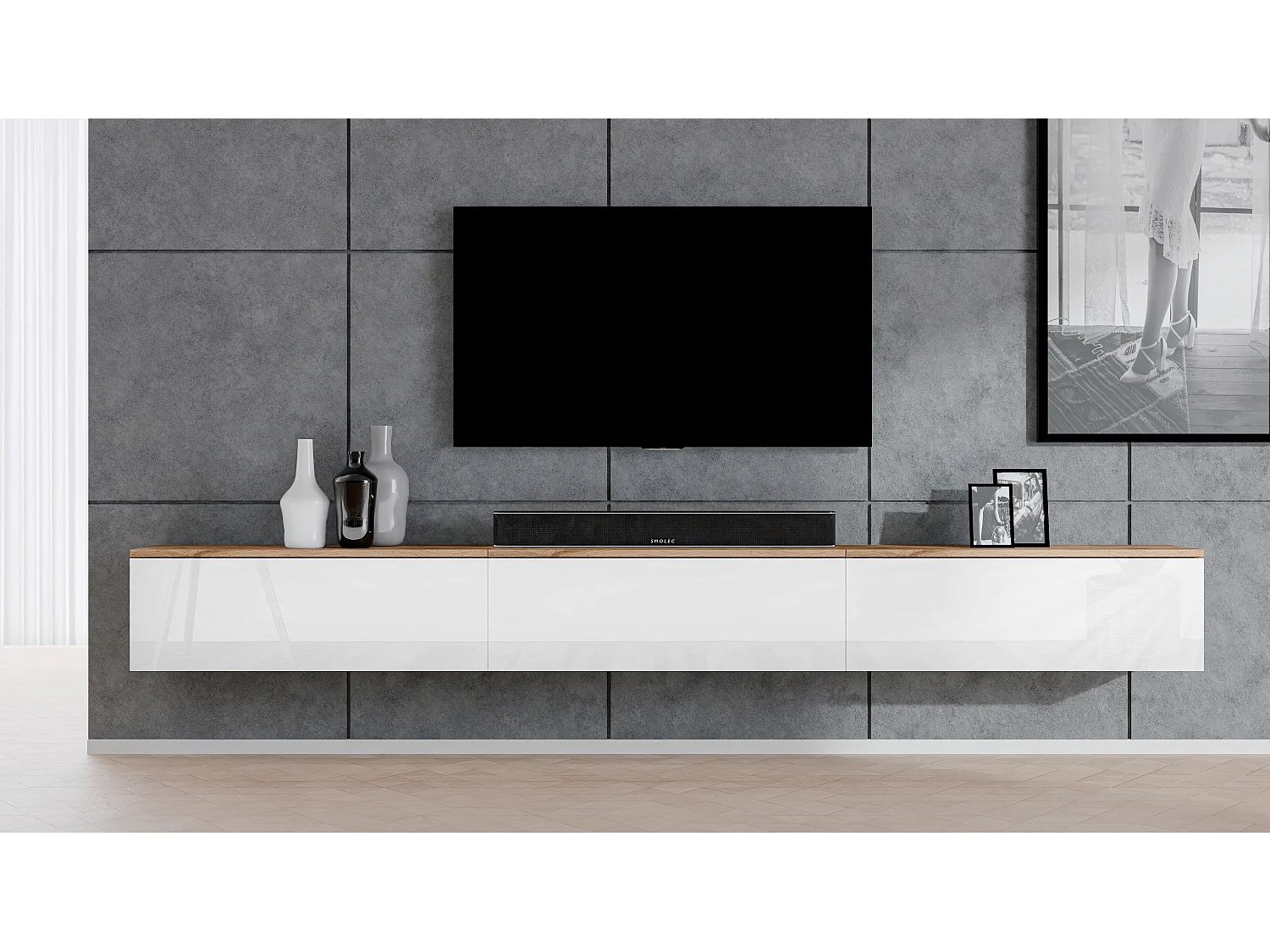 AX LIVING Meuble TV 3x100 Loriano banc TV chene wotan/blanc brillant