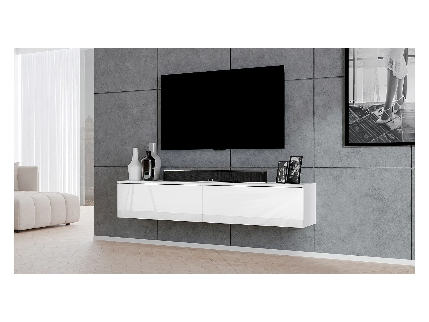 AX LIVING TV Board Loriano 180 cm weißer Fernsehschrank Matt/Hochglanz