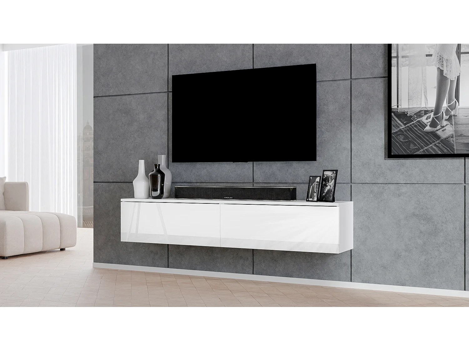 AX LIVING Meuble TV Loriano 180 cm blanc mat/brillant