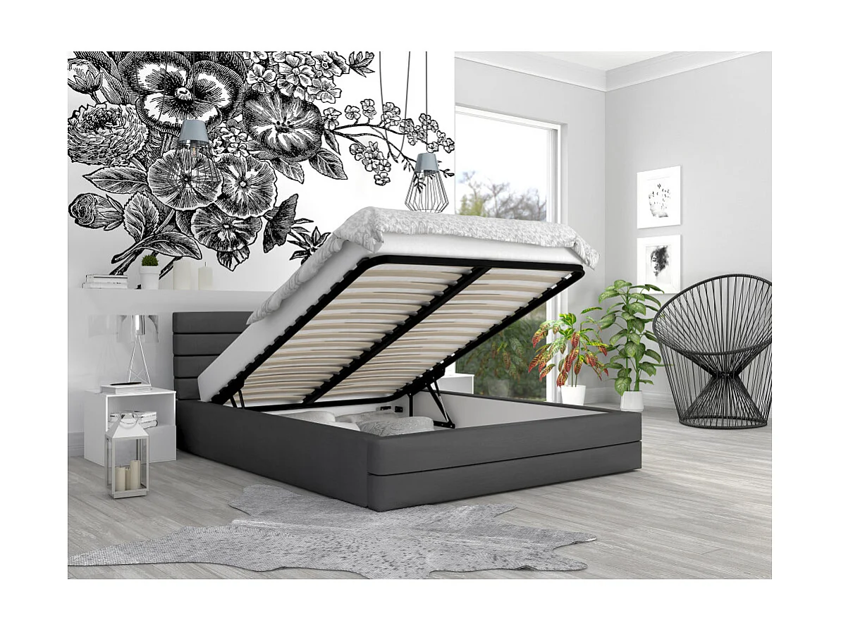 LIT COFFRE VIRGINIA 180x200 - Sommier inclus Gris foncé