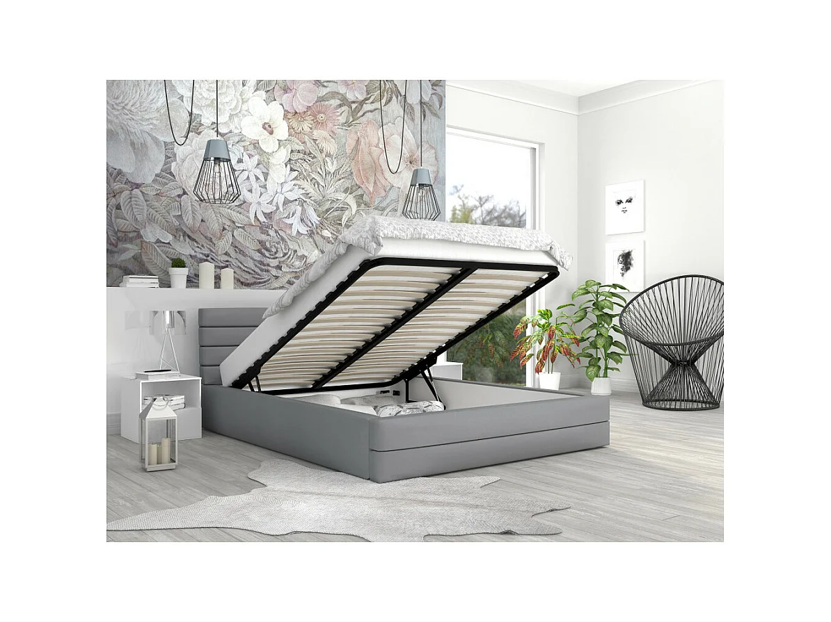 LIT COFFRE VIRGINIA 140x200 - Sommier inclus Gris clair