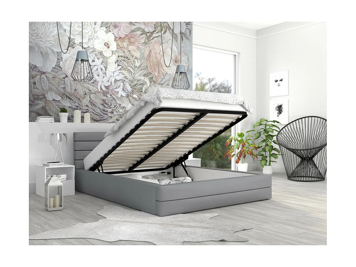 LIT COFFRE VIRGINIA 140x200 - Sommier inclus Gris clair