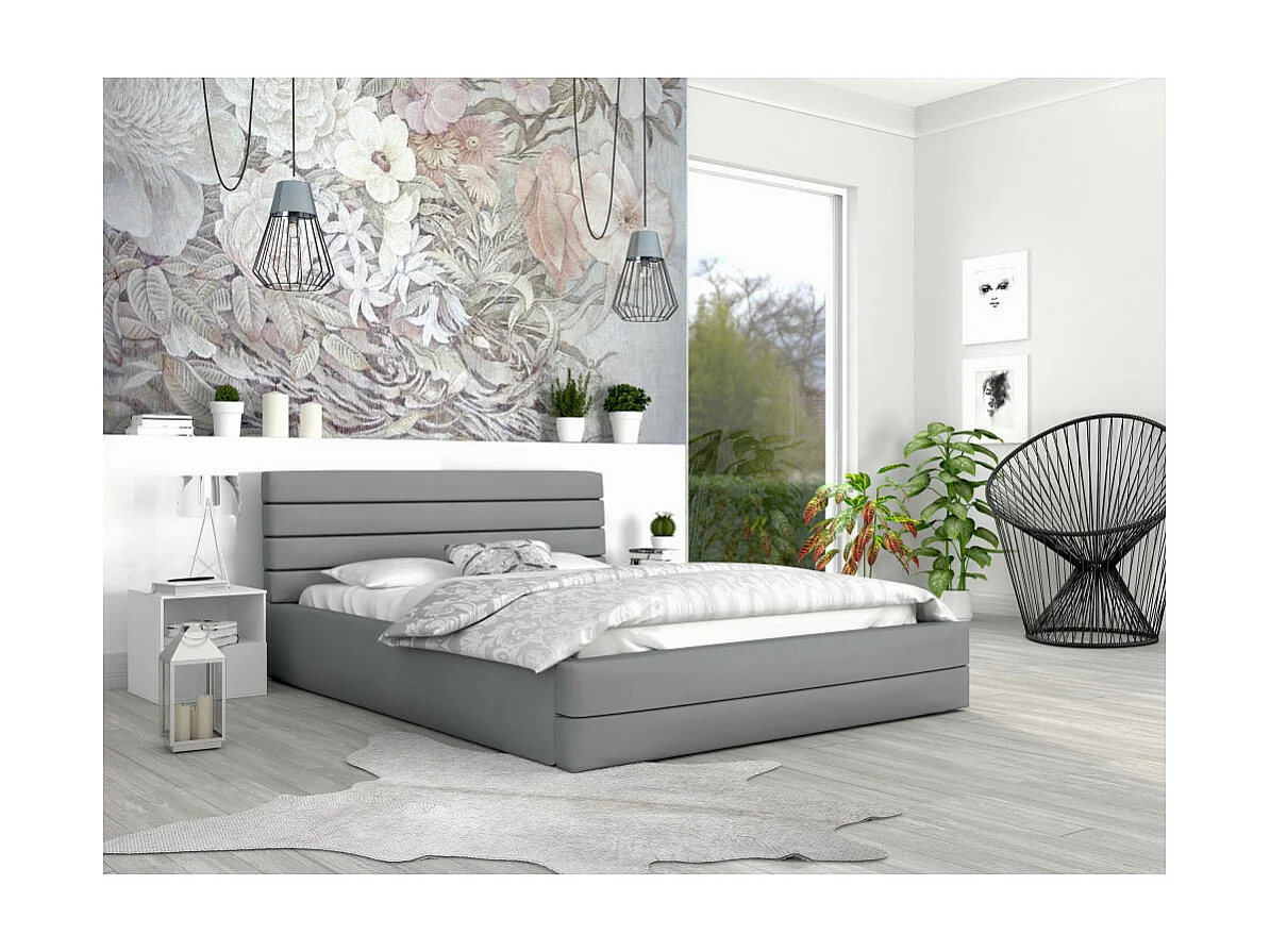 LIT COFFRE VIRGINIA 140x200 - Sommier inclus Gris clair