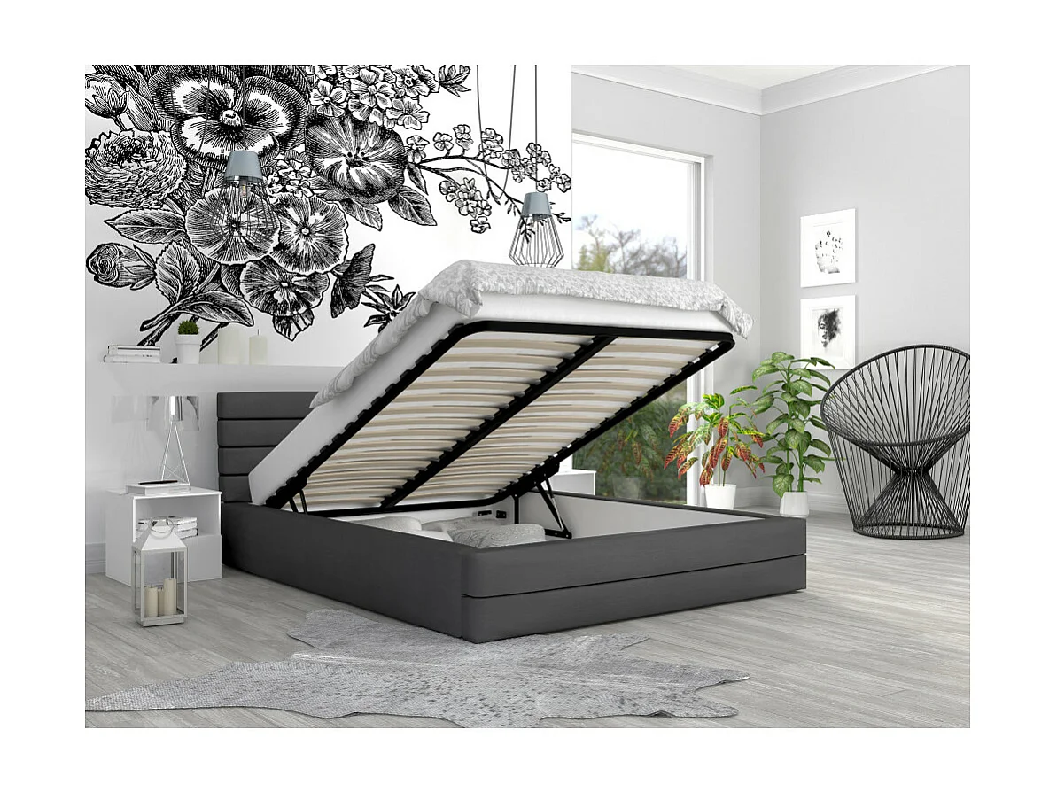 LIT COFFRE VIRGINIA 140x200 - Sommier inclus Gris foncé